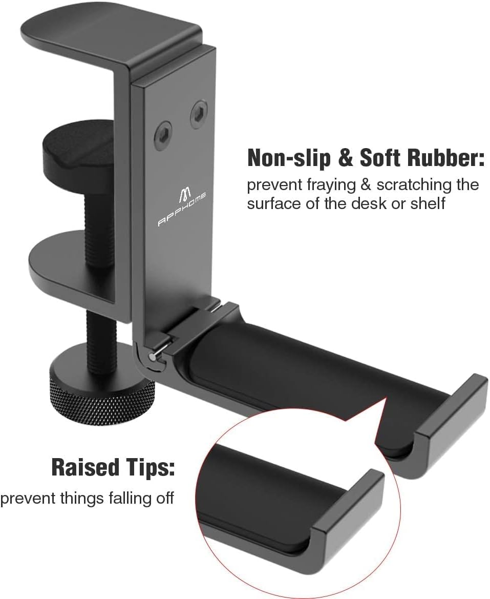 APPHOME Foldable Headphone Stand Hanger Holder, Space-Saving Aluminum Soundbar Stand with Universal Fit for Gaming PC Accessories, Under Desk Clamp Hook Mount (2 Pieces Pack)