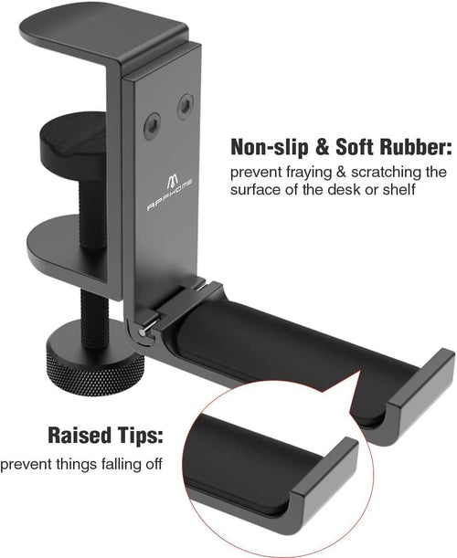 APPHOME Foldable Headphone Stand Hanger Holder, Space-Saving Aluminum Soundbar Stand with Universal Fit for Gaming PC Accessories, Under Desk Clamp Hook Mount (2 Pieces Pack)