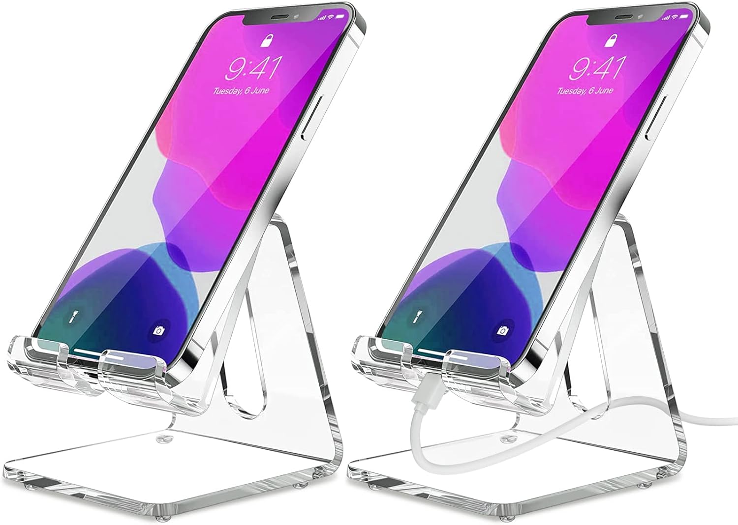 حامل هاتف خلوي من الأكريليك من KTRIO مكون من قطعتين للمكتب، قاعدة تثبيت شفافة للهاتف متوافقة مع iPhone 16/15/14/13 Pro Max 12/11 XR، جميع الهواتف الذكية، ملحقات المكتب 