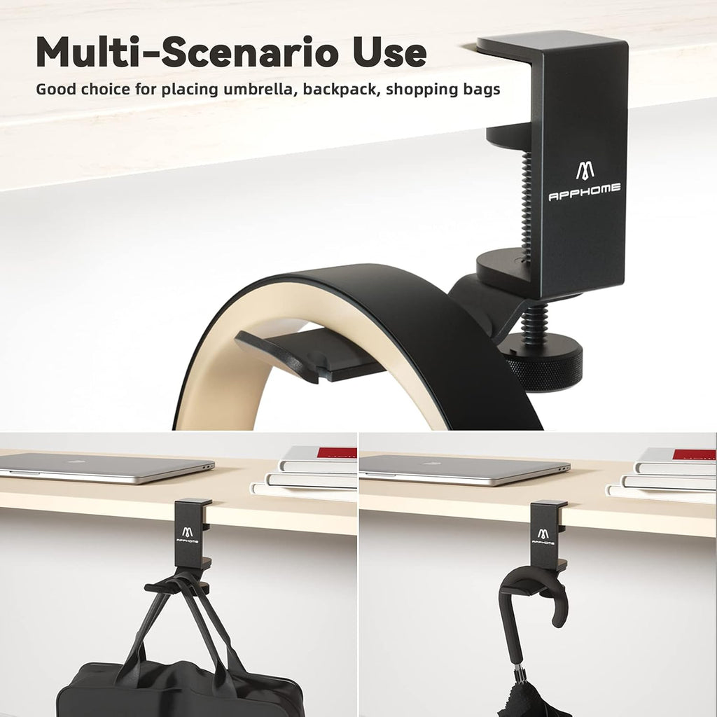 حامل سماعات رأس APPHOME، حامل سماعة رأس تحت المكتب، حامل سماعة رأس دوار 360 درجة لألعاب الكمبيوتر، مشبك سماعة رأس من الألومنيوم للألعاب، ملاءمة عالمية 