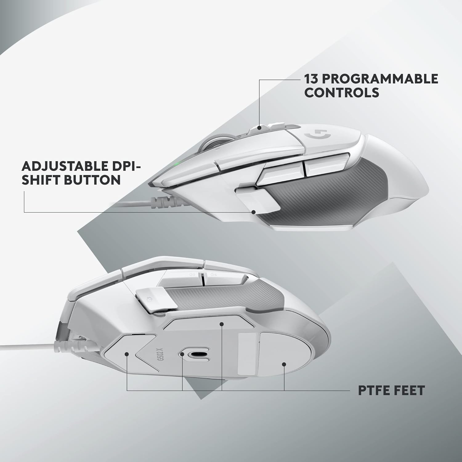 ماوس الألعاب السلكي Logitech G502 X - مفاتيح أساسية هجينة بصرية ميكانيكية من LIGHTFORCE، ومستشعر ألعاب HERO 25K، متوافق مع أجهزة الكمبيوتر الشخصية - macOS/Windows - أبيض 