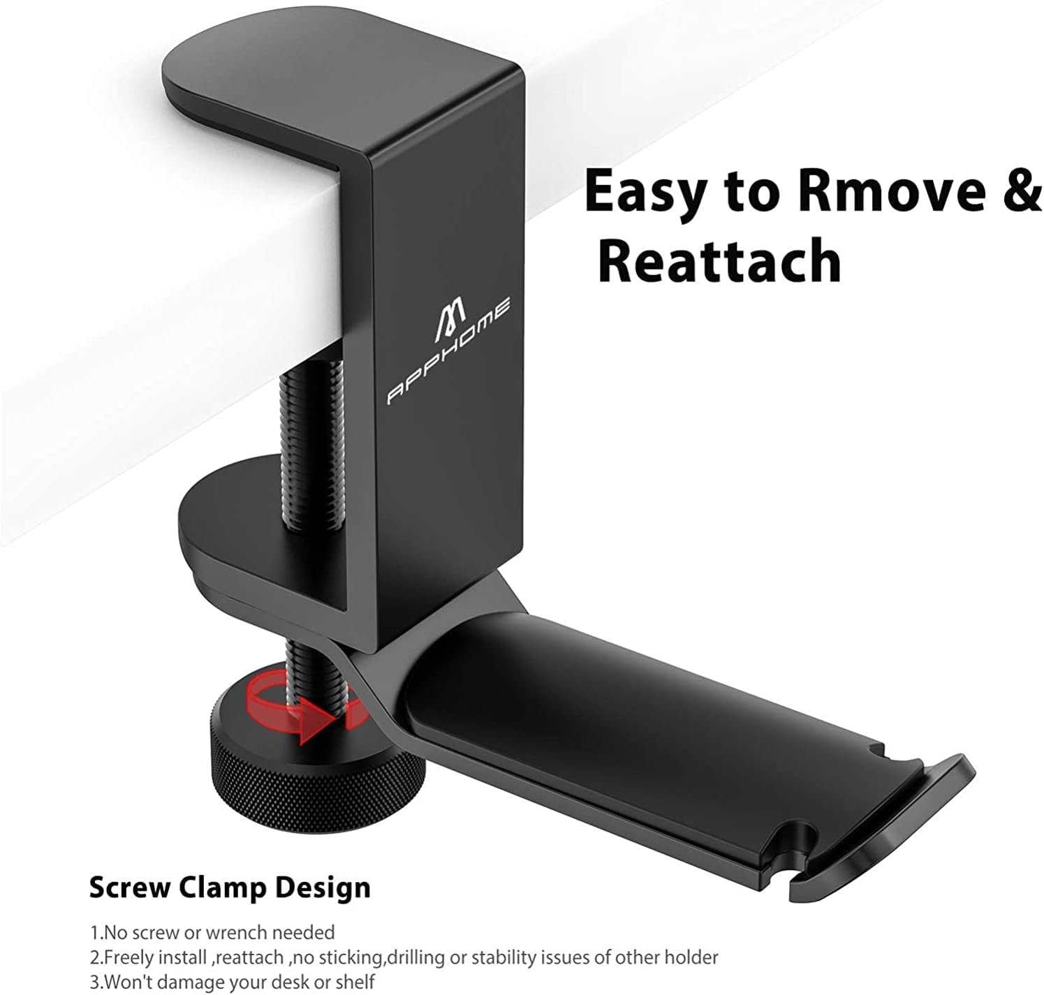 APPHOME Headphone Hanger, Under Desk Headset Stand Holder, 360 Degree Rotating PC Gaming Headset Mount, Aluminum Gaming Headphone Clamp Hook, Universal Fit