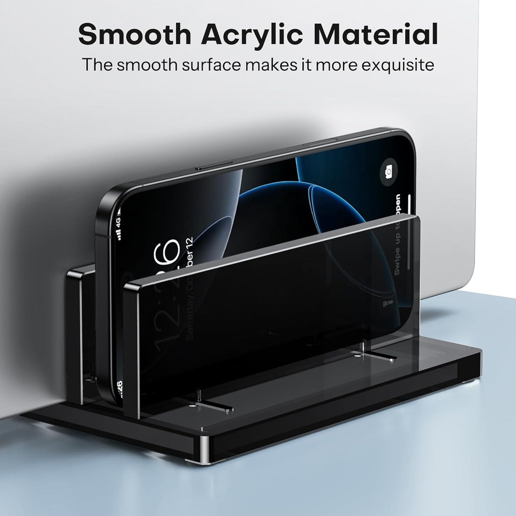 حامل كمبيوتر محمول عمودي من OMOTON للمكتب، حامل كمبيوتر محمول من الأكريليك شفاف قابل للتعديل لأجهزة MacBook Pro Air وHP وجميع أجهزة الكمبيوتر المحمولة للألعاب حتى 17 بوصة (أسود، فتحتان) 