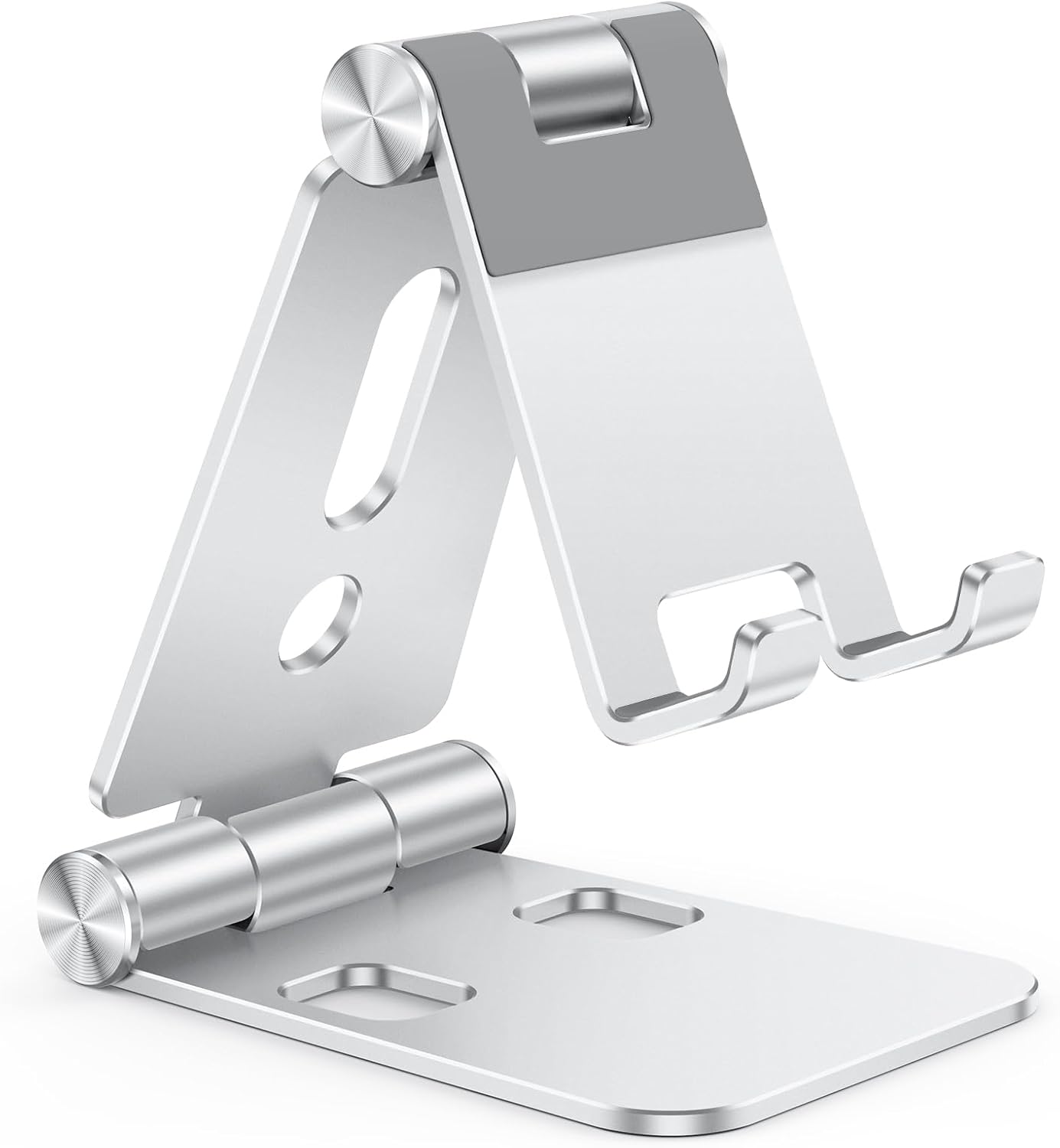 حامل هاتف محمول قابل للطي من OMOTON، حامل هاتف محمول C4 من الألومنيوم، قاعدة تثبيت قابلة للتعديل متوافقة مع iPhone 17/16/15 Pro Max Air، Samsung Galaxy، الأجهزة اللوحية الصغيرة، جميع الهواتف الذكية، فضي 