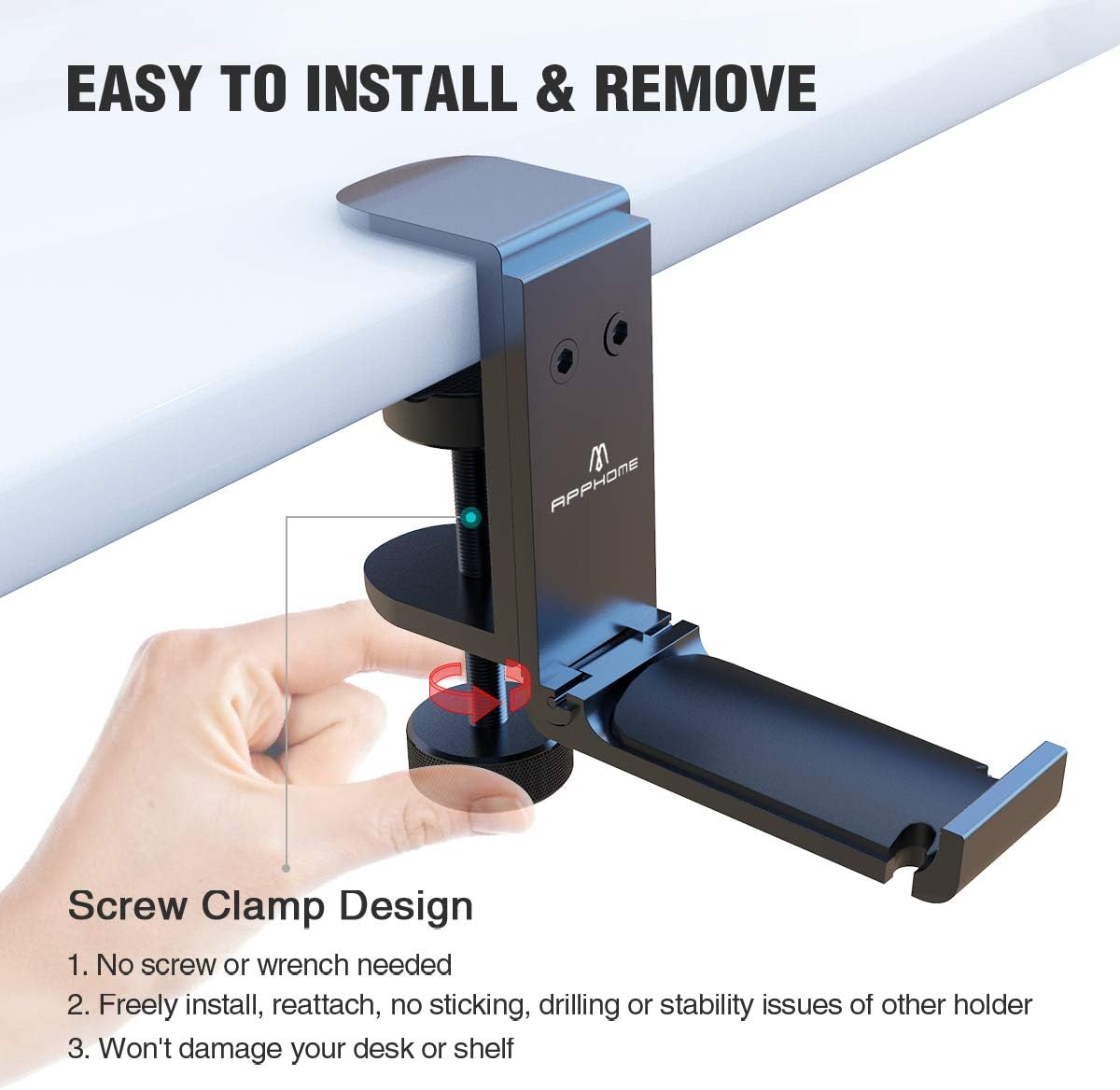 APPHOME Upgraded Foldable Headphone Stand Under Desk PC Gaming Headset Hanger Holder Hook Clamp with Built in Cable Clip Organizer Space Save Mount Fold Upward Not in Use, Universal Fit, Black (2 Pieces Pack)