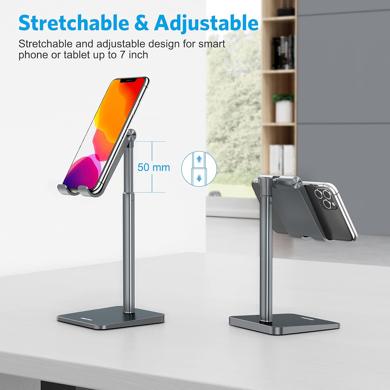 حامل هاتف محمول من OMOTON، حامل هاتف مكتبي بزاوية ارتفاع قابلة للتعديل لهاتف iPhone SE 2/11 / 11 Pro/XS Max/XR، وSamsung Galaxy S20 / S10 / S9 / S8 وهواتف أخرى (3.5-7.0 بوصة) 