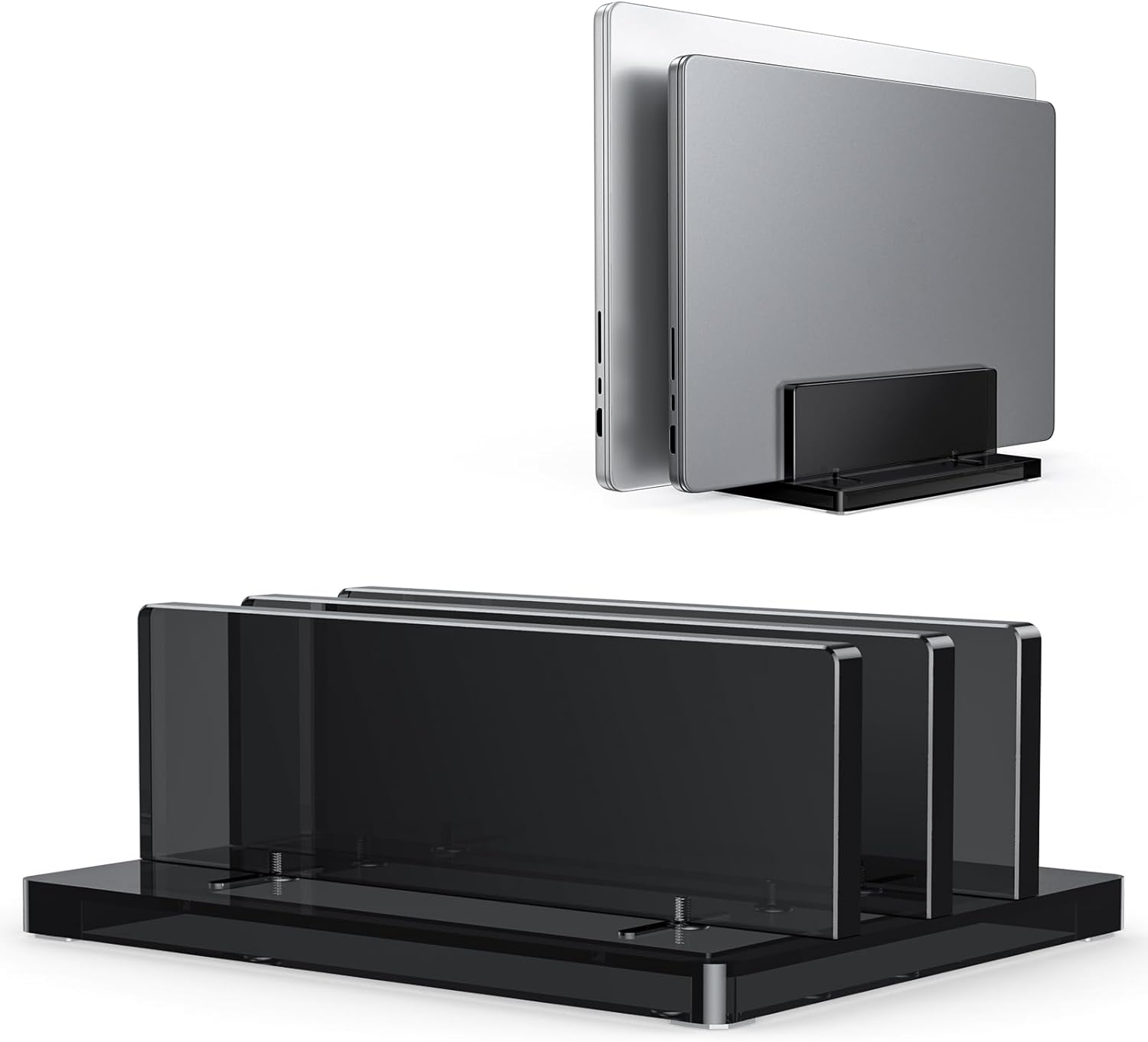 حامل كمبيوتر محمول عمودي من OMOTON للمكتب، حامل كمبيوتر محمول من الأكريليك شفاف قابل للتعديل لأجهزة MacBook Pro Air وHP وجميع أجهزة الكمبيوتر المحمولة للألعاب حتى 17 بوصة (أسود، فتحتان) 