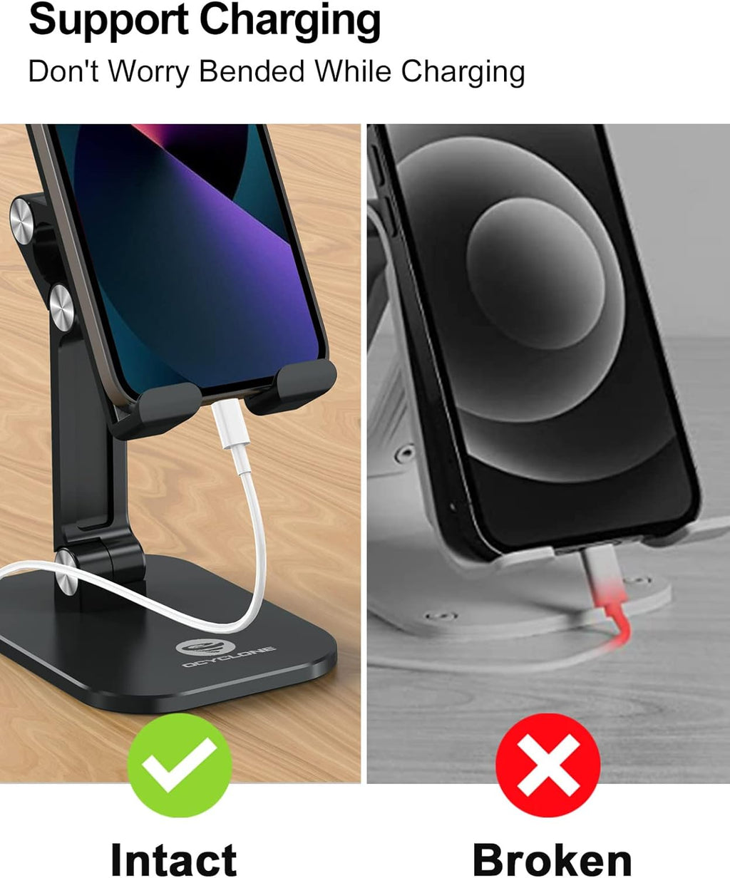 حامل هاتف OCYCLONE، حامل هاتف محمول قابل للطي بارتفاع وزاوية قابلين للتعديل للمكتب، حامل iPhone أطول متوافق مع الهواتف الذكية وأجهزة iPad اللوحية مقاس 4.7 بوصة - 13 بوصة، لون أسود 