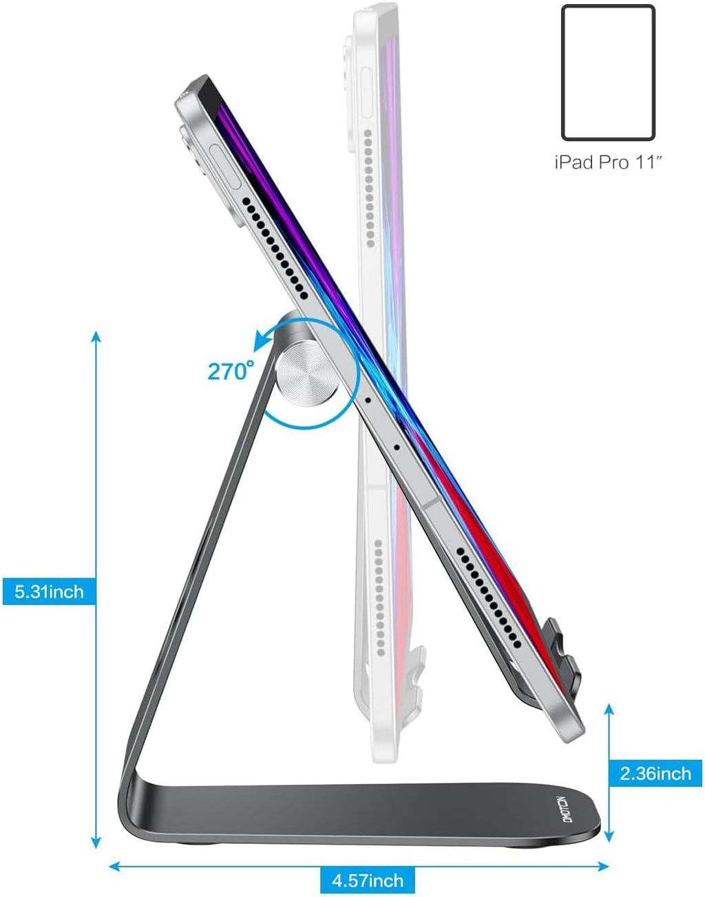 حامل OMOTON اللوحي القابل للتعديل، حامل T1 لسطح المكتب من الألومنيوم متوافق مع iPad Air/Mini، iPad 10.2/9.7، iPad Pro 11/12.9/13، Samsung Tab والمزيد حتى 13 بوصة 