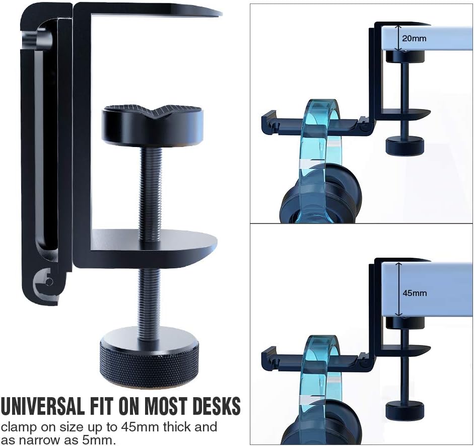 APPHOME Upgraded Foldable Headphone Stand Under Desk PC Gaming Headset Hanger Holder Hook Clamp with Built in Cable Clip Organizer Space Save Mount Fold Upward Not in Use, Universal Fit, Black (2 Pieces Pack)