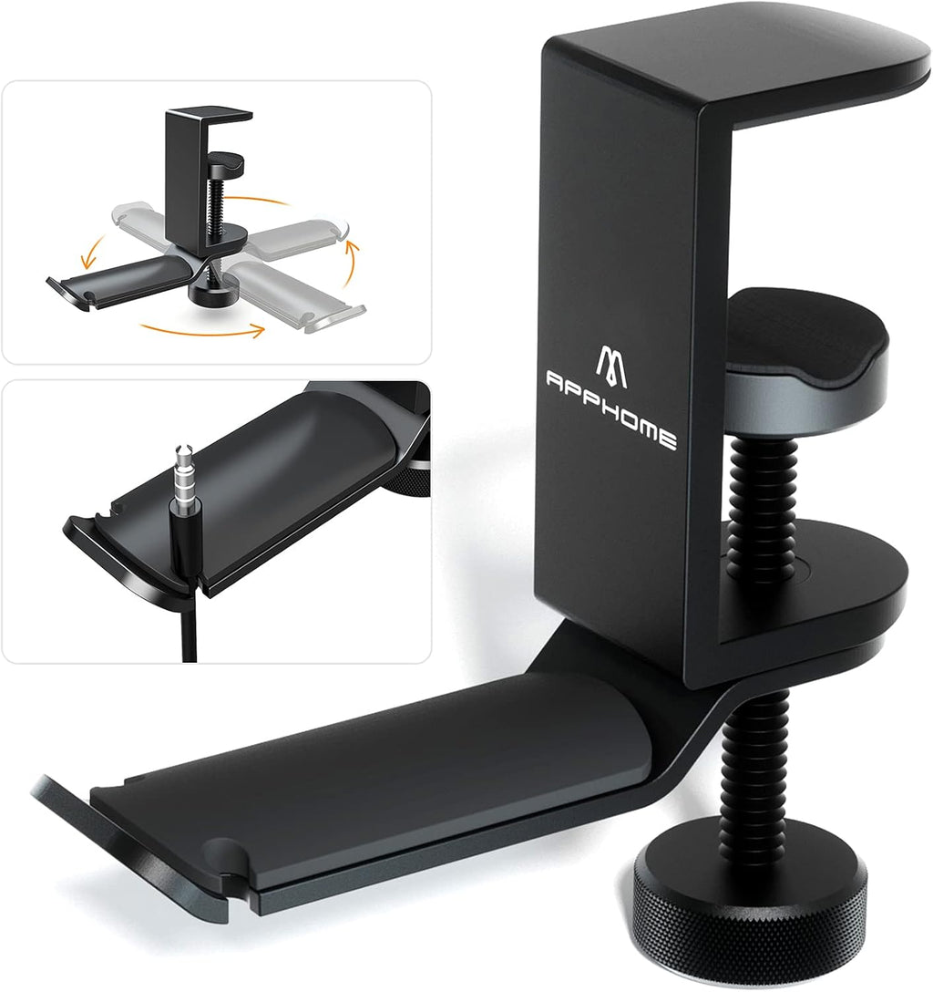 حامل سماعات رأس APPHOME، حامل سماعة رأس تحت المكتب، حامل سماعة رأس دوار 360 درجة لألعاب الكمبيوتر، مشبك سماعة رأس من الألومنيوم للألعاب، ملاءمة عالمية 