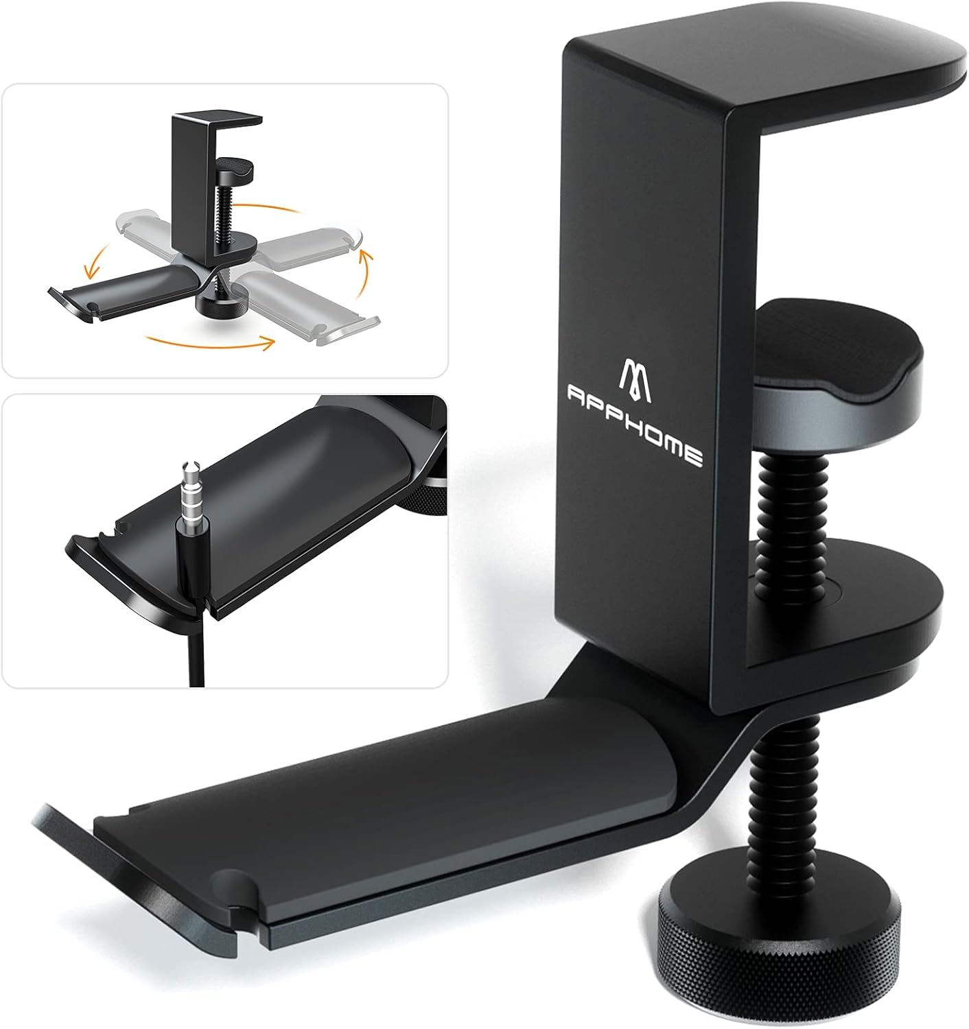 APPHOME Headphone Hanger, Under Desk Headset Stand Holder, 360 Degree Rotating PC Gaming Headset Mount, Aluminum Gaming Headphone Clamp Hook, Universal Fit