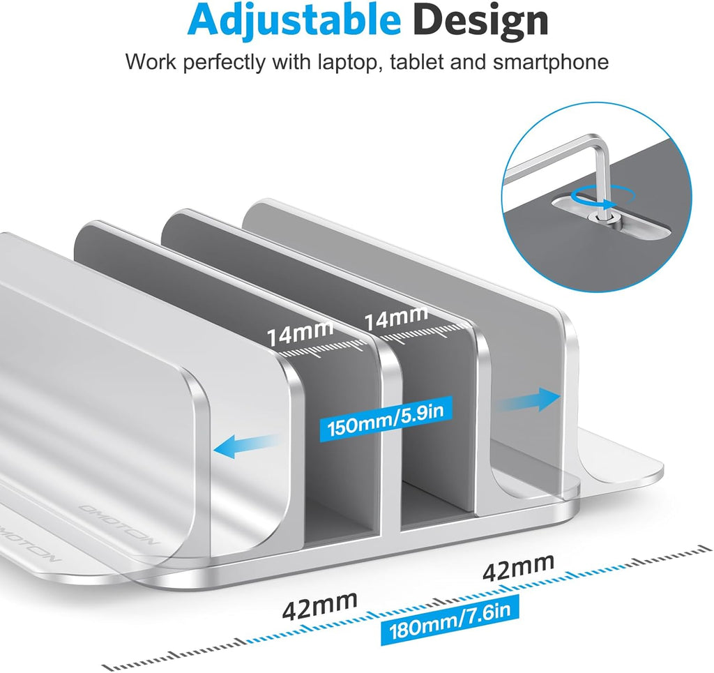 حامل كمبيوتر محمول عمودي من OMOTON [إصدار Dock المحدث]، حامل سطح مكتب مزدوج مع قاعدة قابلة للتعديل (حتى 17.3 بوصة)، يناسب جميع أجهزة MacBok/Surface/Samsung/HP/Dell/Chrome Book (فضي) 