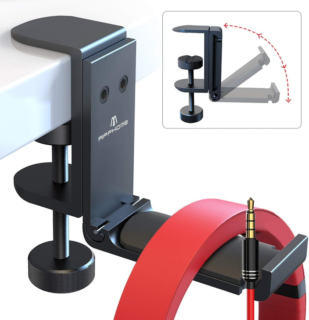 APPHOME Headphone Hook Desk, Headphones Stand Under Table Foldable Headset Holder Clamp Hanger Mount, Built in Cable Clip Organizer for PC Gaming, Office, Backpack Bag Purse Hanging