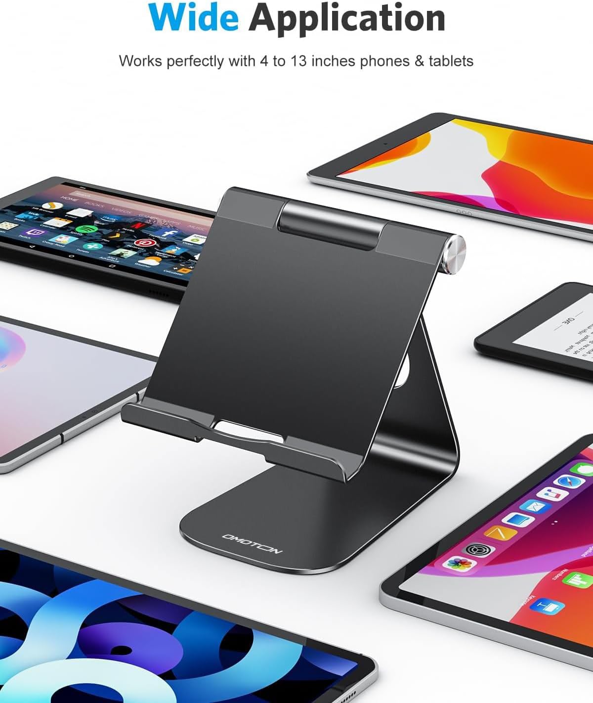 حامل OMOTON اللوحي القابل للتعديل، حامل T1 لسطح المكتب من الألومنيوم متوافق مع iPad Air/Mini، iPad 10.2/9.7، iPad Pro 11/12.9/13، Samsung Tab والمزيد حتى 13 بوصة 