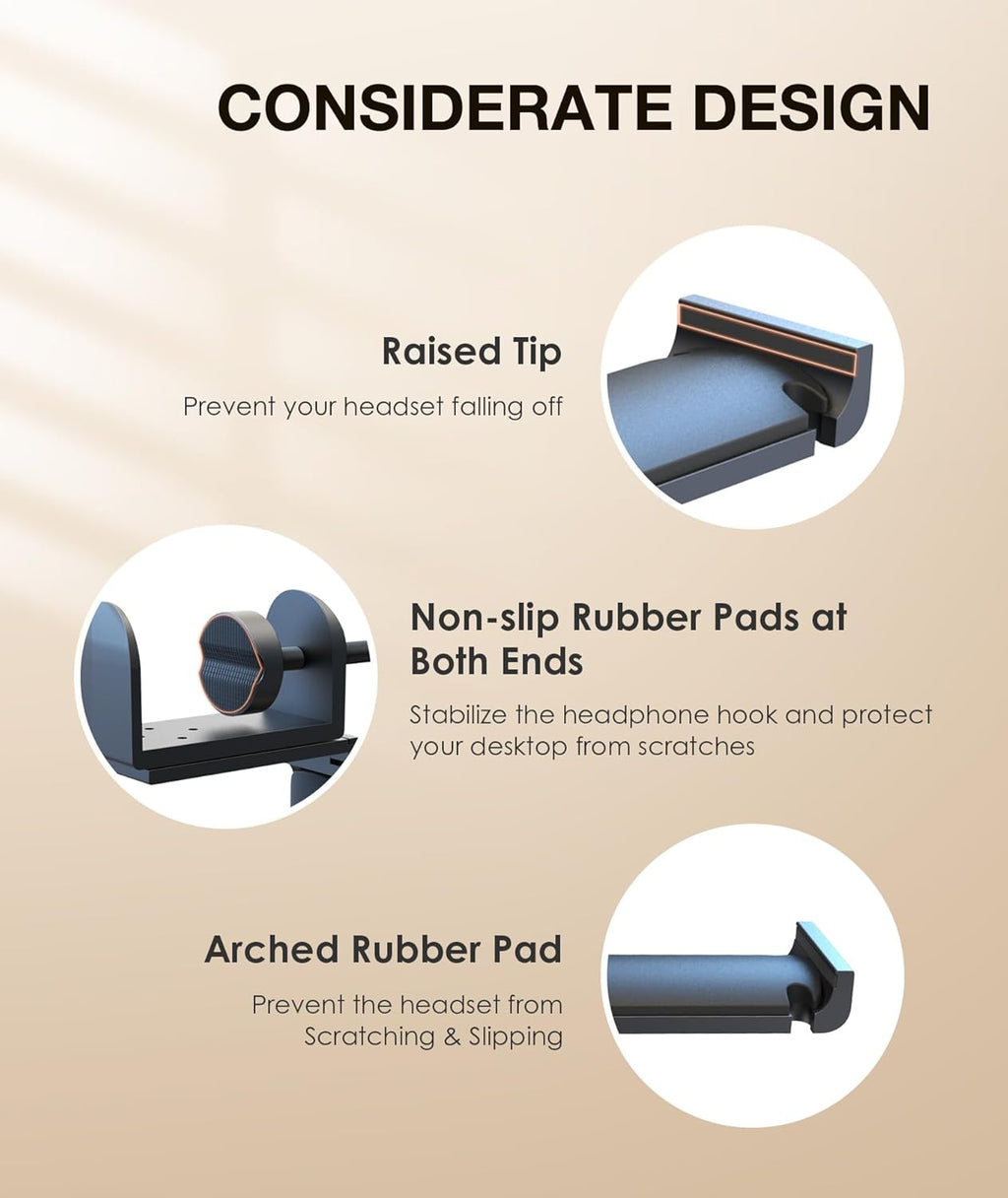 APPHOME Headphone Hook Desk, Headphones Stand Under Table Foldable Headset Holder Clamp Hanger Mount, Built in Cable Clip Organizer for PC Gaming, Office, Backpack Bag Purse Hanging