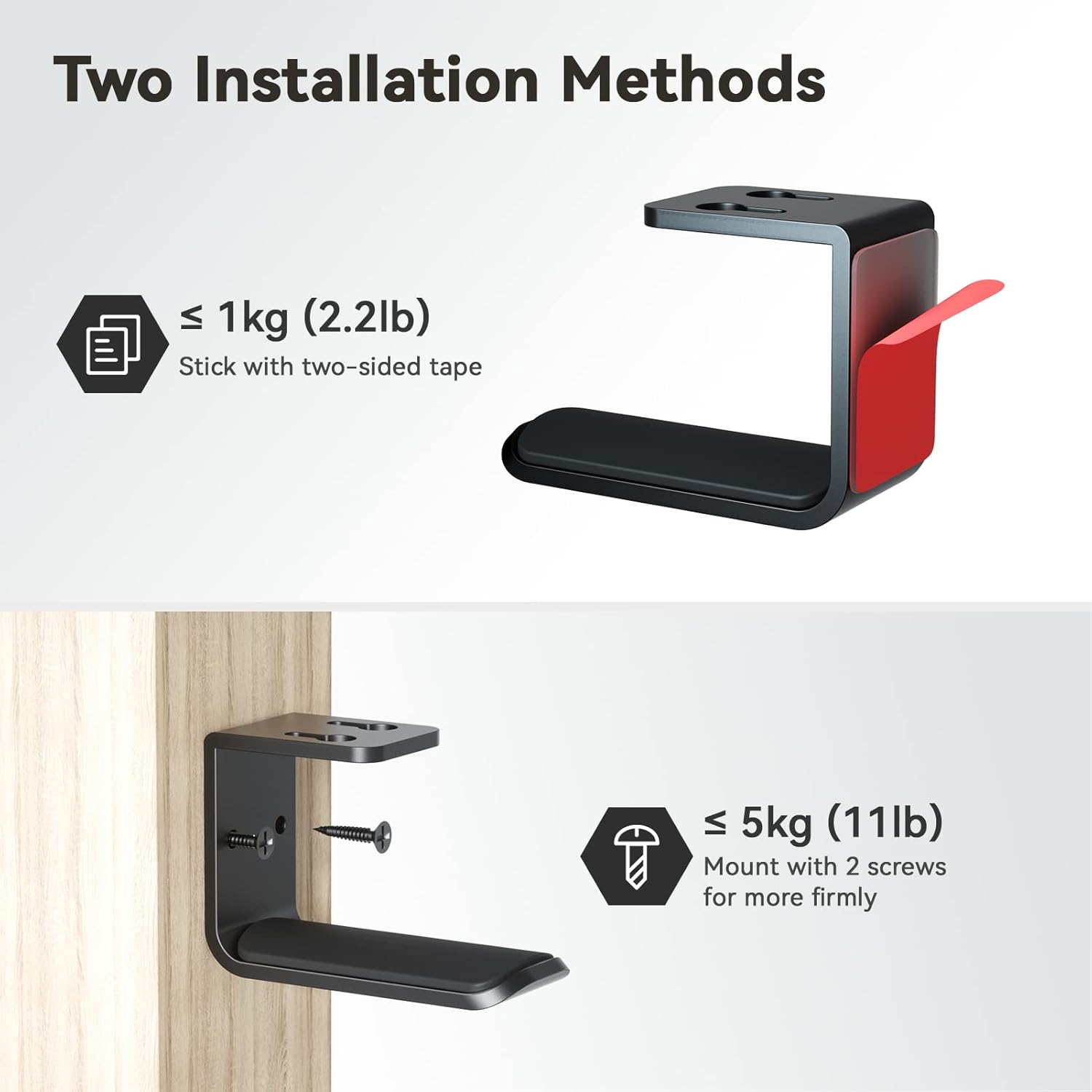 APPHOME Headphone Hanger Under Desk Hook Holder Wall Mount, Dual PC Gaming Headset Stand with Cable Clips Organizer Under Table Design, Universal Fit All Headphones (2 Pieces Pack)