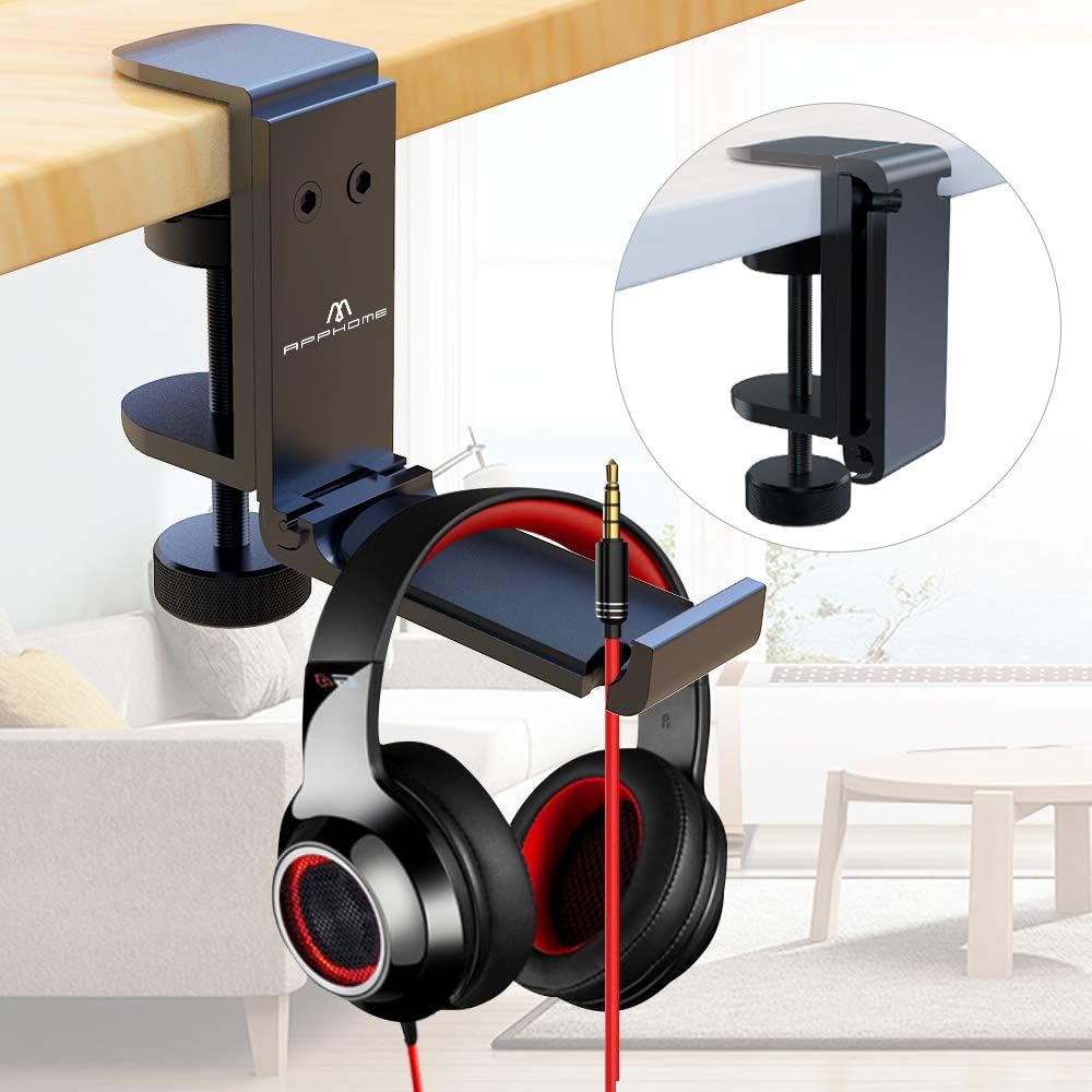 APPHOME Upgraded Foldable Headphone Stand Under Desk PC Gaming Headset Hanger Holder Hook Clamp with Built in Cable Clip Organizer Space Save Mount Fold Upward Not in Use, Universal Fit, Black (2 Pieces Pack)