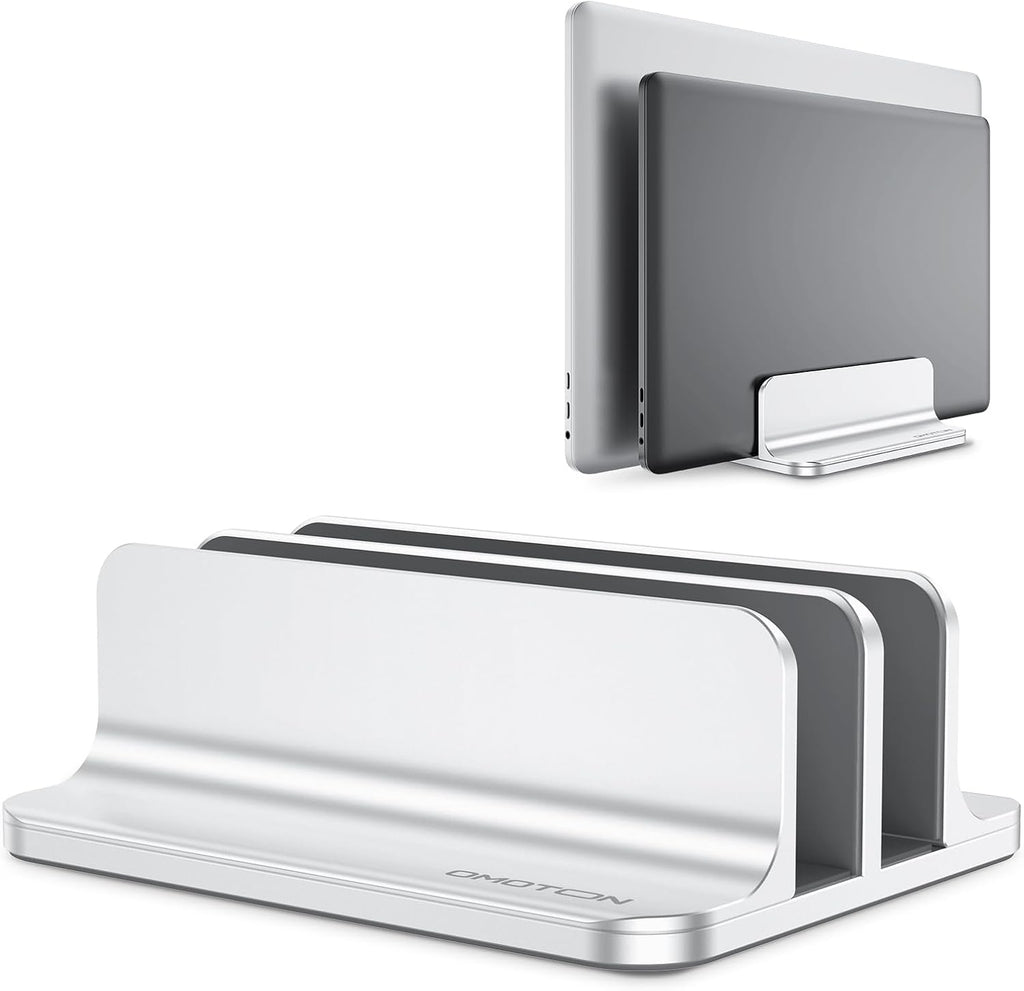 حامل كمبيوتر محمول عمودي من OMOTON [إصدار Dock المحدث]، حامل سطح مكتب مزدوج مع قاعدة قابلة للتعديل (حتى 17.3 بوصة)، يناسب جميع أجهزة MacBok/Surface/Samsung/HP/Dell/Chrome Book (فضي) 