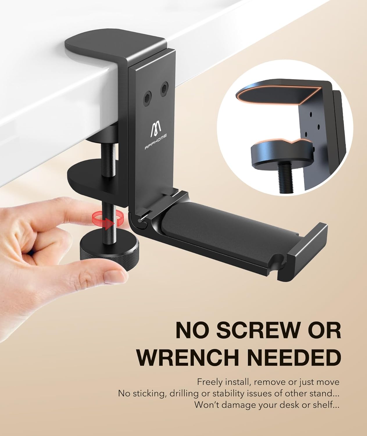 APPHOME Headphone Hook Desk, Headphones Stand Under Table Foldable Headset Holder Clamp Hanger Mount, Built in Cable Clip Organizer for PC Gaming, Office, Backpack Bag Purse Hanging
