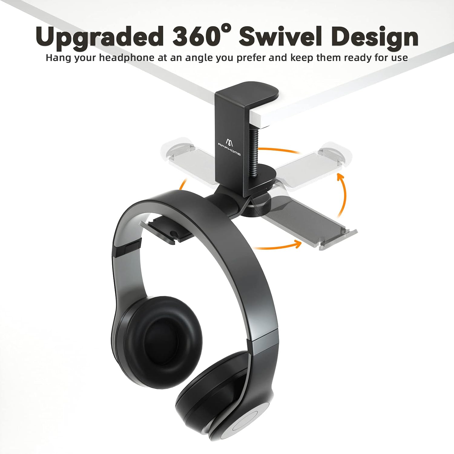 APPHOME Headphone Hanger, Under Desk Headset Stand Holder, 360 Degree Rotating PC Gaming Headset Mount, Aluminum Gaming Headphone Clamp Hook, Universal Fit