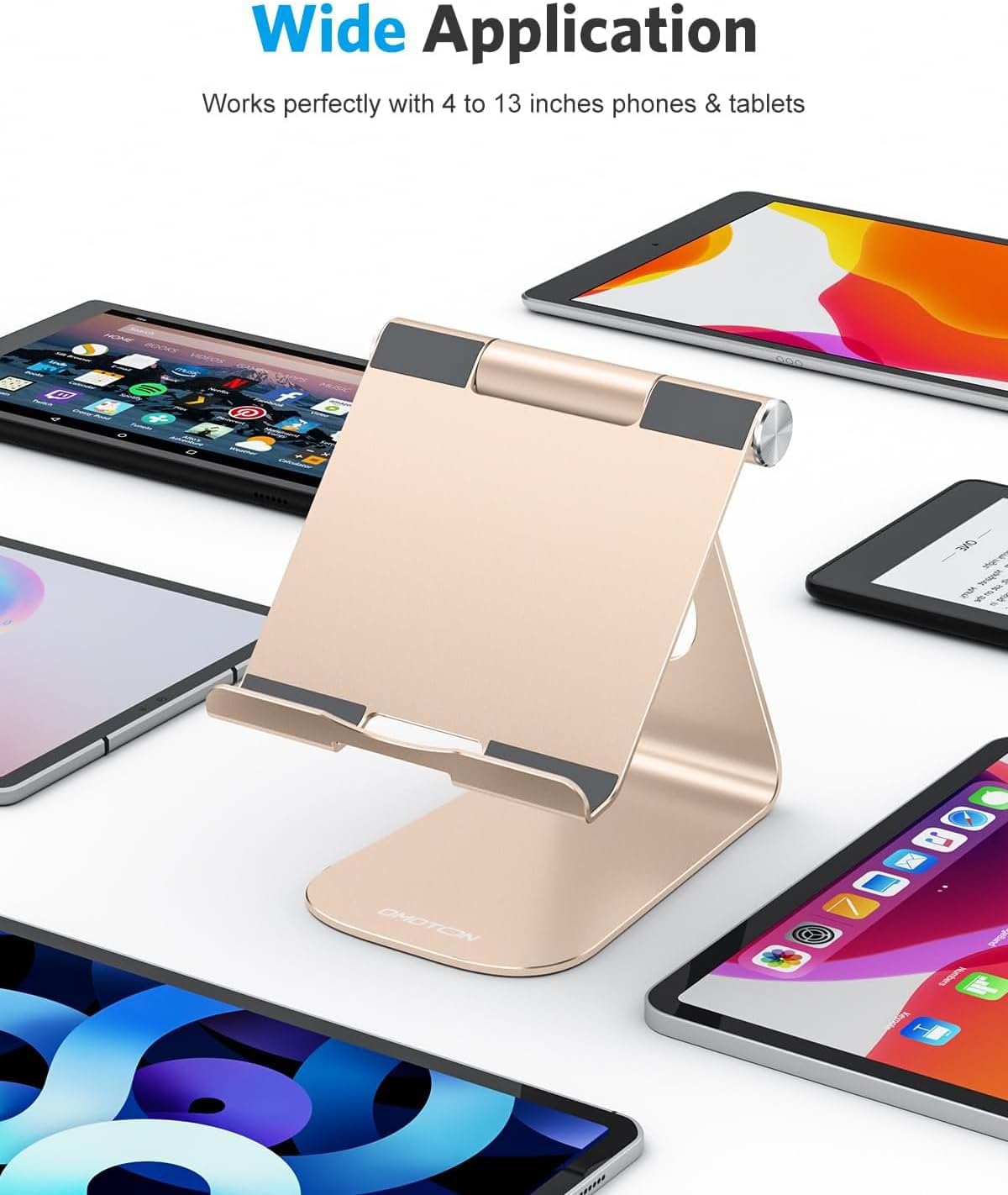 حامل OMOTON اللوحي القابل للتعديل، حامل T1 لسطح المكتب من الألومنيوم متوافق مع iPad Air/Mini، iPad 10.2/9.7، iPad Pro 11/12.9/13، Samsung Tab والمزيد حتى 13 بوصة 