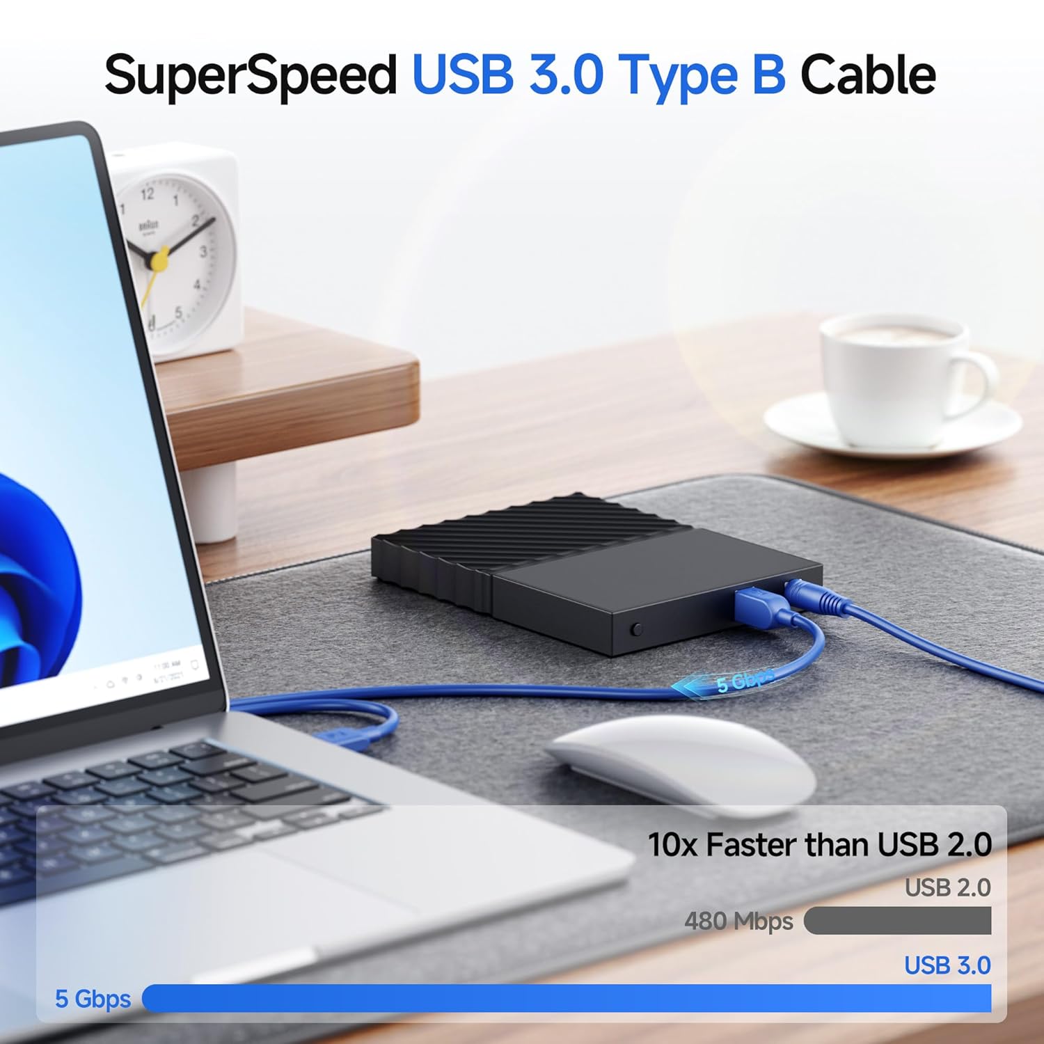 كابلات USB 3.0 من Cable Matters، عبوة من قطعتين، بسرعة 5 جيجابت في الثانية - بطول 6 أقدام، كابل USB A إلى B، سلك USB3 مع موصل Type-B 3.0 لغلاف محرك الأقراص الصلبة، موزع مدمج، والمزيد 