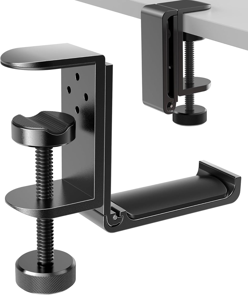 APPHOME New Foldable Headphone Stand Hanger Holder Aluminum Headset Soundbar Stand Clamp Hook Under Desk Space Save Mount, Universal Fit Gaming Headphones, Black