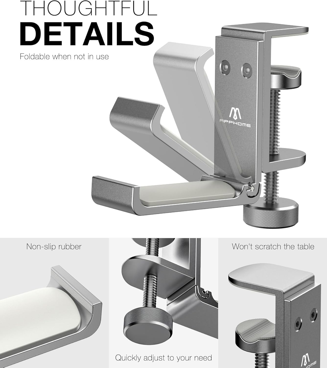 APPHOME Foldable Headphone Stand Hanger Holder, Space-Saving Aluminum Soundbar Stand with Universal Fit for Gaming PC Accessories, Under Desk Clamp Hook Mount (1 Piece)