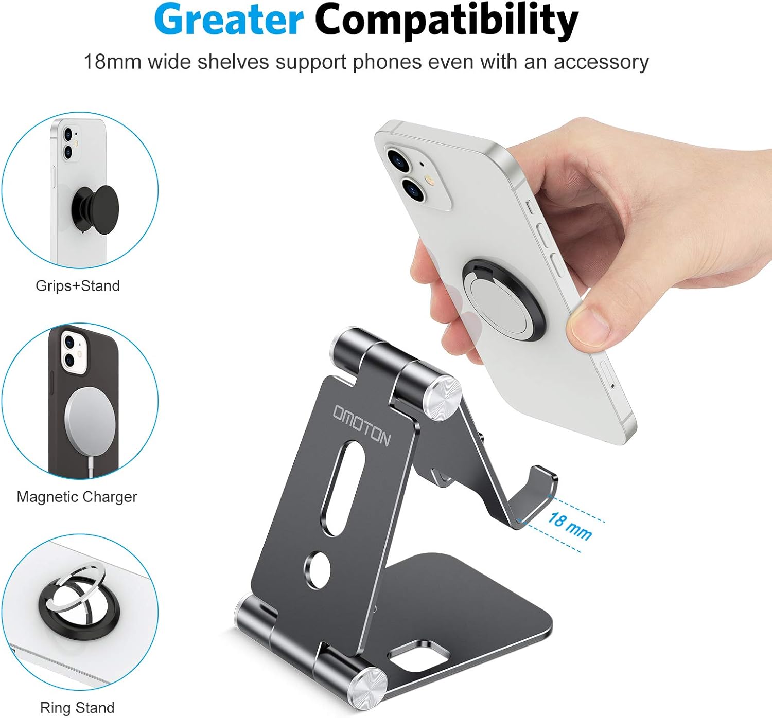 حامل هاتف محمول قابل للطي من OMOTON، حامل هاتف محمول C4 من الألومنيوم، قاعدة تثبيت هاتف قابلة للتعديل متوافقة مع iPhone 13/12/11 Pro Max وSamsung Galaxy والأجهزة اللوحية الصغيرة والهواتف الأخرى، أسود 