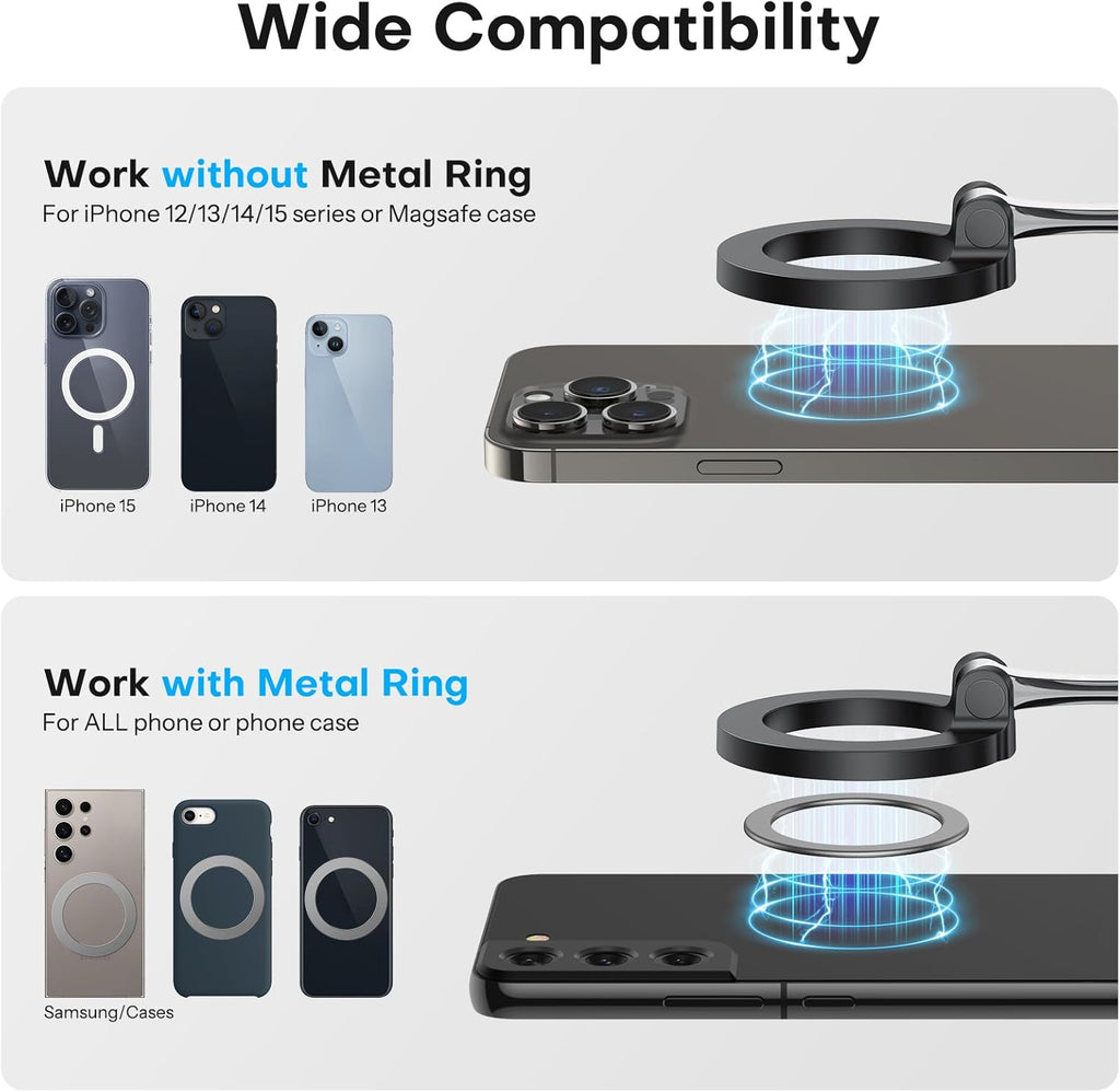 حامل هاتف مغناطيسي دوار 360 درجة من OMOTON، لملحقات السفر الأساسية للطائرات Magsafe، حامل هاتف عالمي قابل للتعديل وقابل للطي بدون استخدام اليدين لهاتف iPhone 16 15 14 Pro Max (عبوة من قطعتين) 