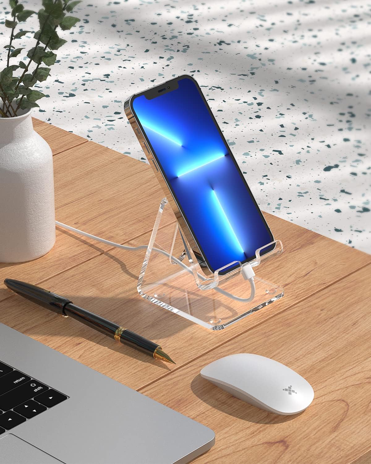 حامل هاتف خلوي من الأكريليك من KTRIO مكون من قطعتين للمكتب، قاعدة تثبيت شفافة للهاتف متوافقة مع iPhone 16/15/14/13 Pro Max 12/11 XR، جميع الهواتف الذكية، ملحقات المكتب 
