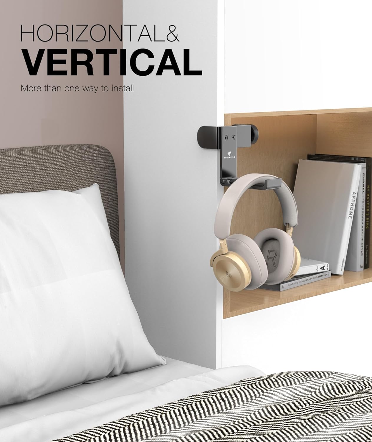 APPHOME New Foldable Headphone Stand Hanger Holder Aluminum Headset Soundbar Stand Clamp Hook Under Desk Space Save Mount, Universal Fit Gaming Headphones, Black