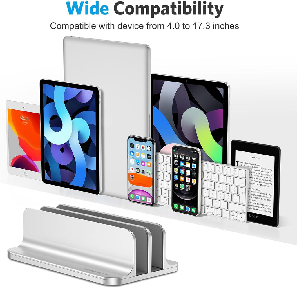 حامل كمبيوتر محمول عمودي من OMOTON [إصدار Dock المحدث]، حامل سطح مكتب مزدوج مع قاعدة قابلة للتعديل (حتى 17.3 بوصة)، يناسب جميع أجهزة MacBok/Surface/Samsung/HP/Dell/Chrome Book (فضي) 