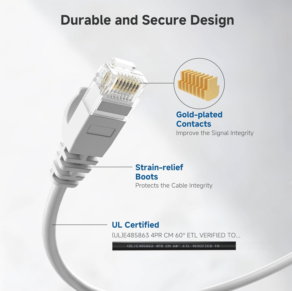 Cable Matters 10Gbps 5-Pack Snagless Cat 6 Ethernet Cable - Slim Profile Cat 6 Cable, Cat6 Cord, Thin Ethernet Cord, White