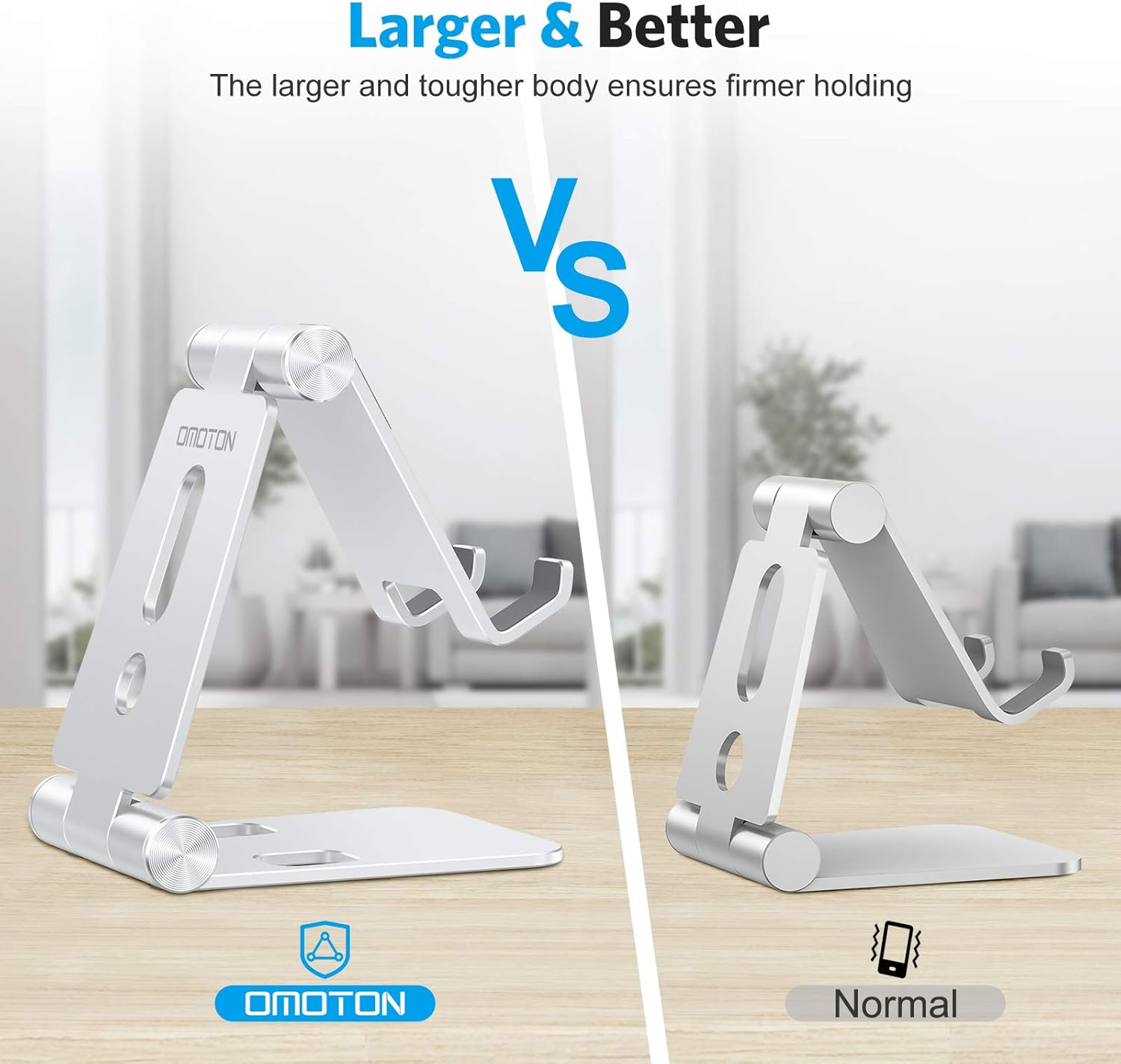 حامل هاتف محمول قابل للطي من OMOTON، حامل هاتف محمول C4 من الألومنيوم، قاعدة تثبيت قابلة للتعديل متوافقة مع iPhone 17/16/15 Pro Max Air، Samsung Galaxy، الأجهزة اللوحية الصغيرة، جميع الهواتف الذكية، فضي 