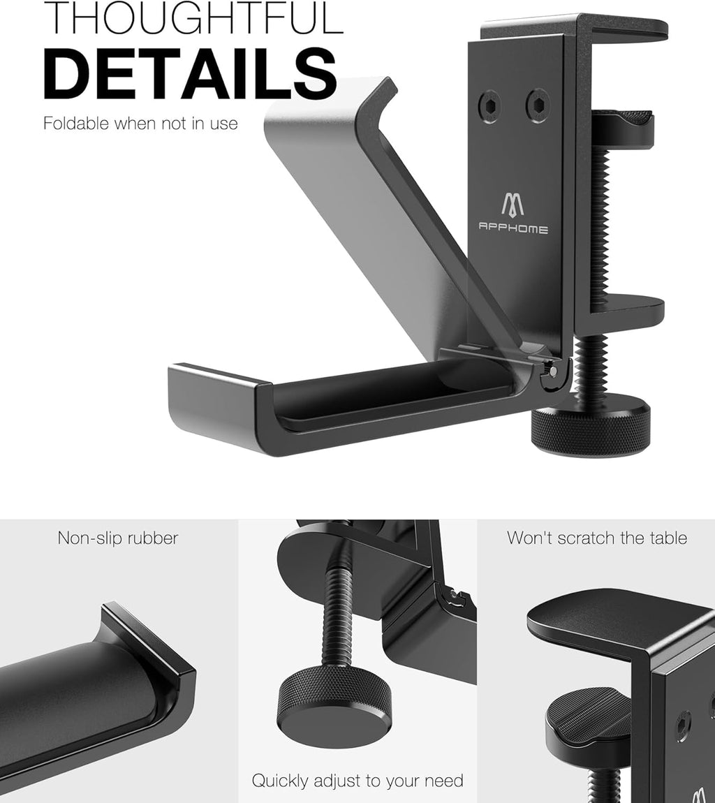 APPHOME New Foldable Headphone Stand Hanger Holder Aluminum Headset Soundbar Stand Clamp Hook Under Desk Space Save Mount, Universal Fit Gaming Headphones, Black