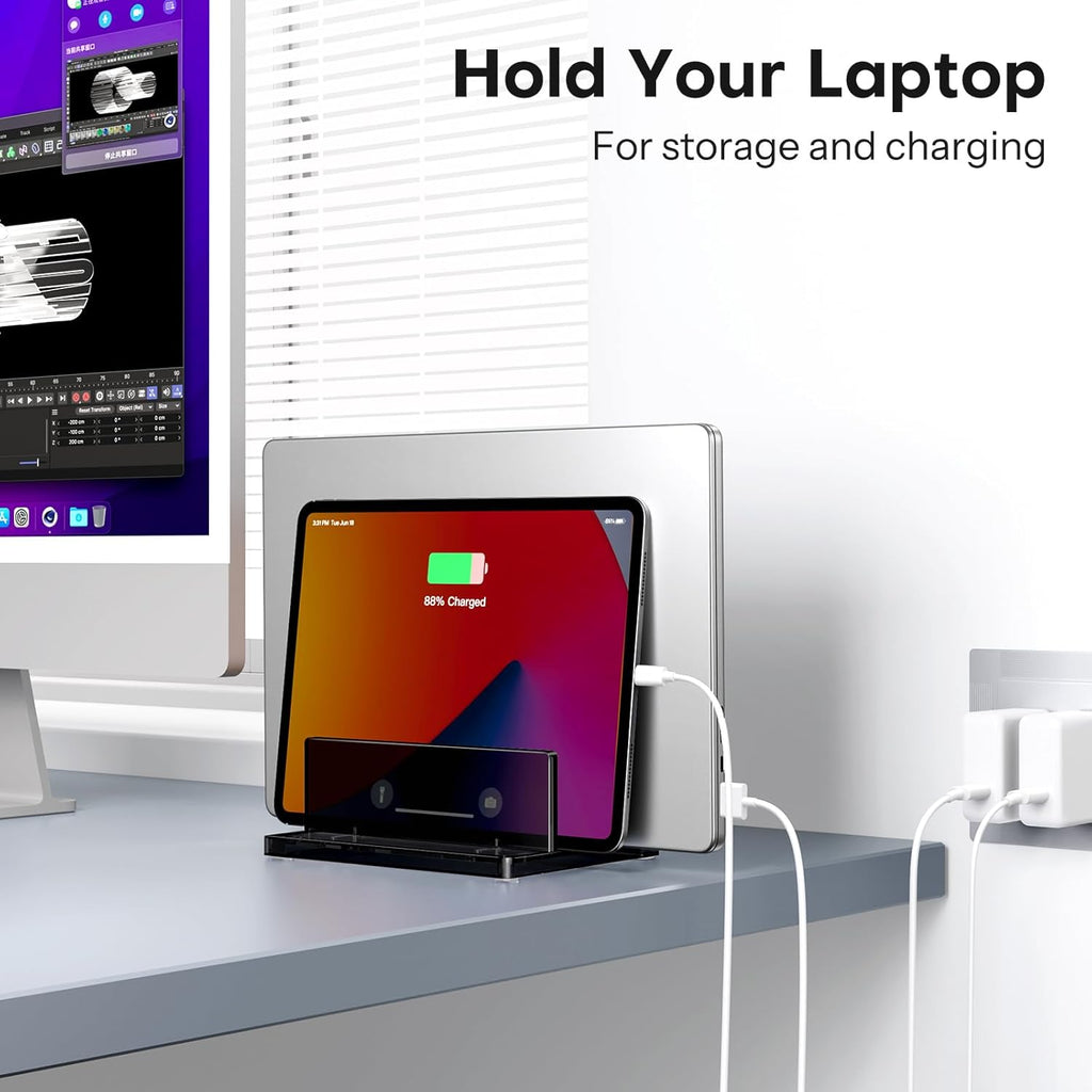 حامل كمبيوتر محمول عمودي من OMOTON للمكتب، حامل كمبيوتر محمول من الأكريليك شفاف قابل للتعديل لأجهزة MacBook Pro Air وHP وجميع أجهزة الكمبيوتر المحمولة للألعاب حتى 17 بوصة (أسود، فتحتان) 