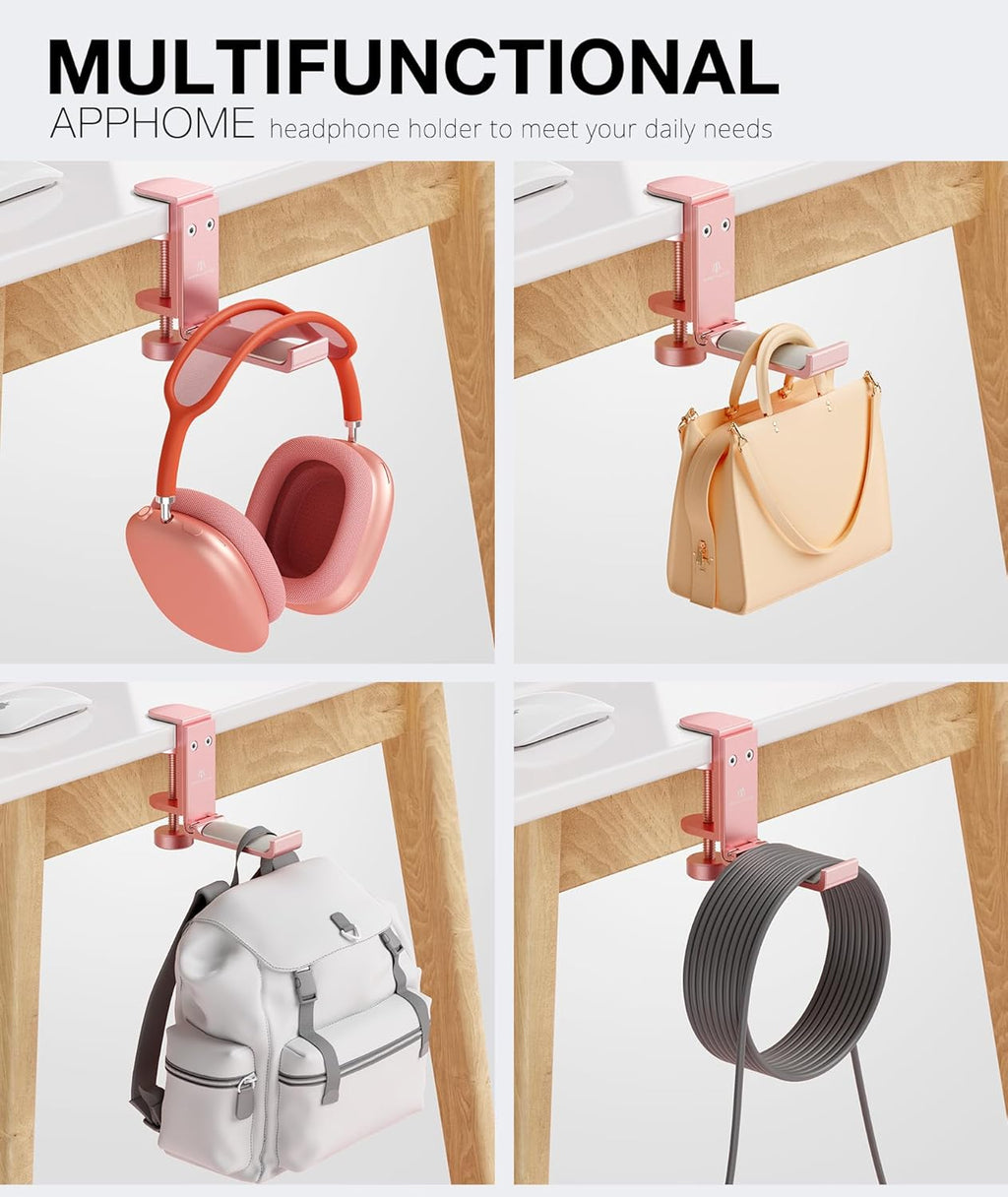 حامل سماعات رأس قابل للطي من APPHOME، حامل مكبر صوت من الألومنيوم موفر للمساحة مع ملاءمة عالمية لملحقات الكمبيوتر للألعاب، حامل خطاف أسفل المكتب (قطعة واحدة) 