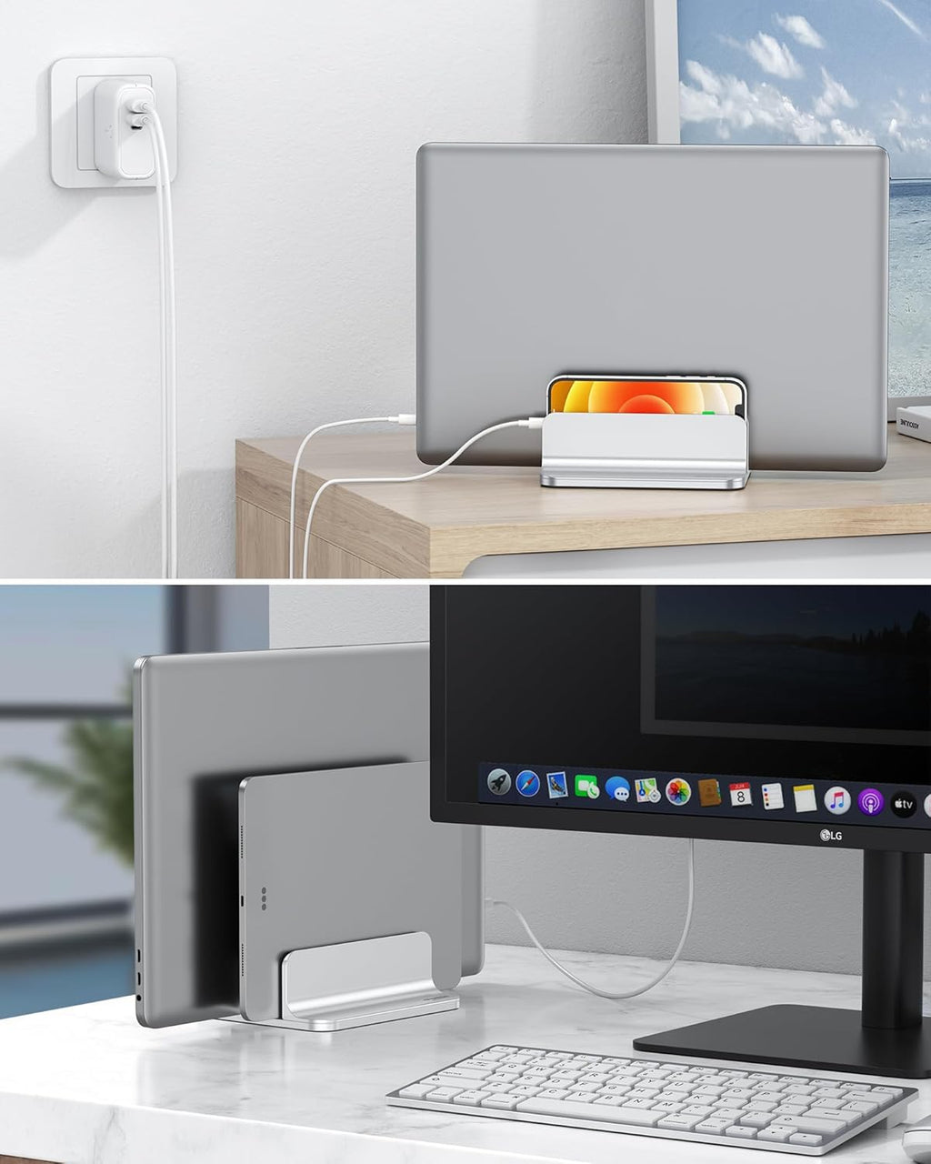 حامل كمبيوتر محمول عمودي من OMOTON [إصدار Dock المحدث]، حامل سطح مكتب مزدوج مع قاعدة قابلة للتعديل (حتى 17.3 بوصة)، يناسب جميع أجهزة MacBok/Surface/Samsung/HP/Dell/Chrome Book (فضي) 