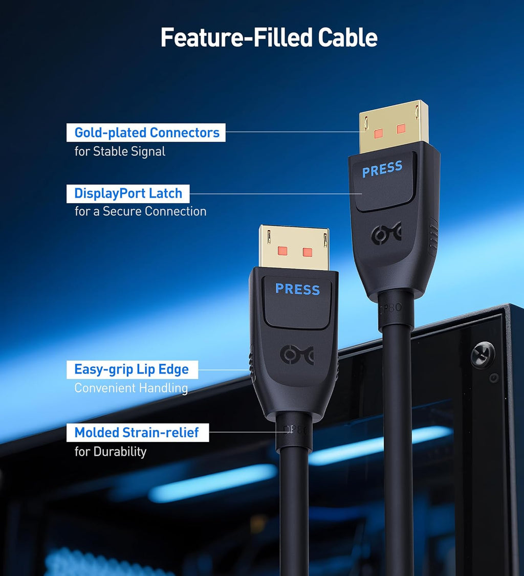 Cable Matters [VESA Certified] 80Gbps DisplayPort 2.1 Cable - 6.6ft  2m, DP80 Cable with 16K 60Hz, 8K 240Hz, 4K 240Hz, FreeSync, G-SYNC and HDR for Gaming Monitor, PC, RTX 40804090, RX 7900, Black