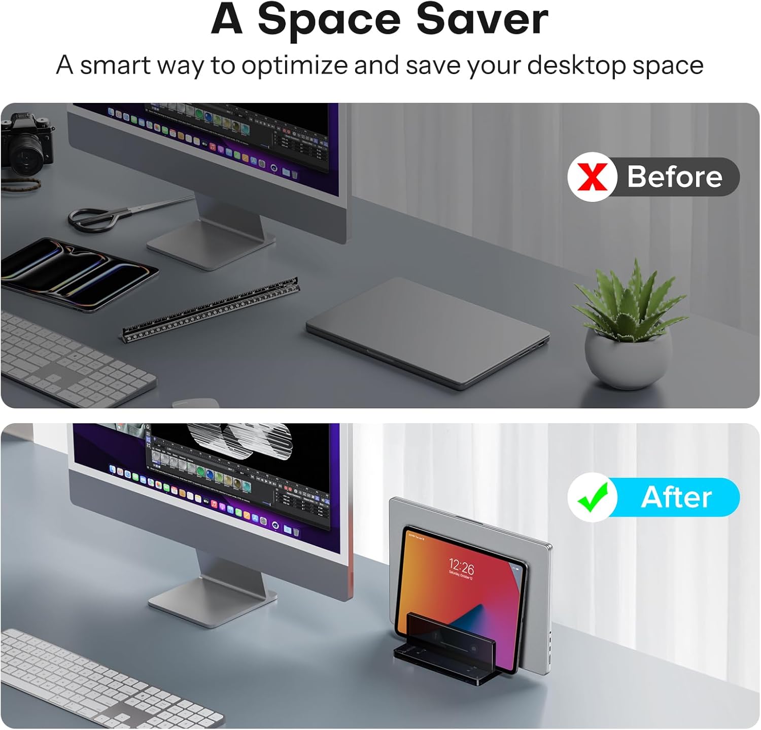 حامل كمبيوتر محمول عمودي من OMOTON للمكتب، حامل كمبيوتر محمول من الأكريليك شفاف قابل للتعديل لأجهزة MacBook Pro Air وHP وجميع أجهزة الكمبيوتر المحمولة للألعاب حتى 17 بوصة (أسود، فتحتان) 