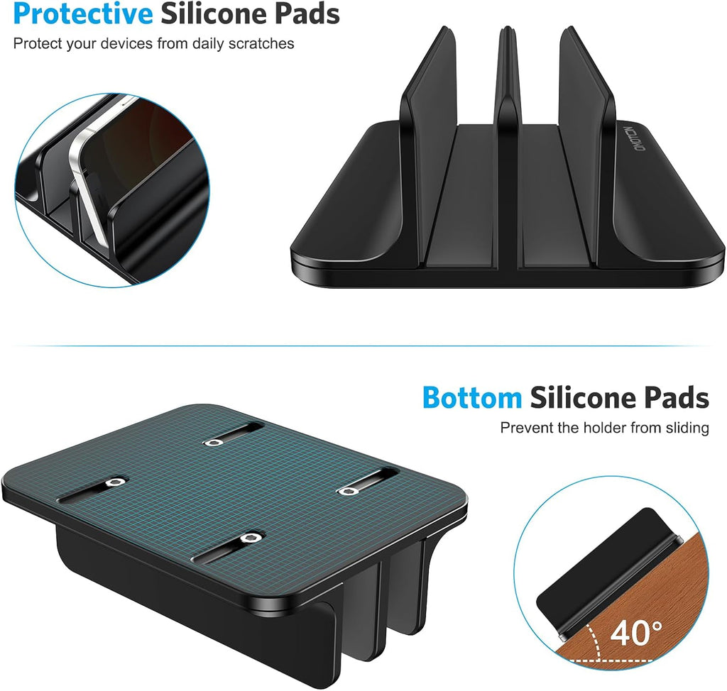 حامل كمبيوتر محمول عمودي من OMOTON [إصدار مزدوج محدث]، حامل كمبيوتر ماك بوك من الألومنيوم لسطح المكتب مع حجم قاعدة قابل للتعديل، يناسب جميع أجهزة ماك بوك وسيرفس وكروم بوك وأجهزة الكمبيوتر المحمولة للألعاب (حتى 17.3 بوصة) (أسود) 