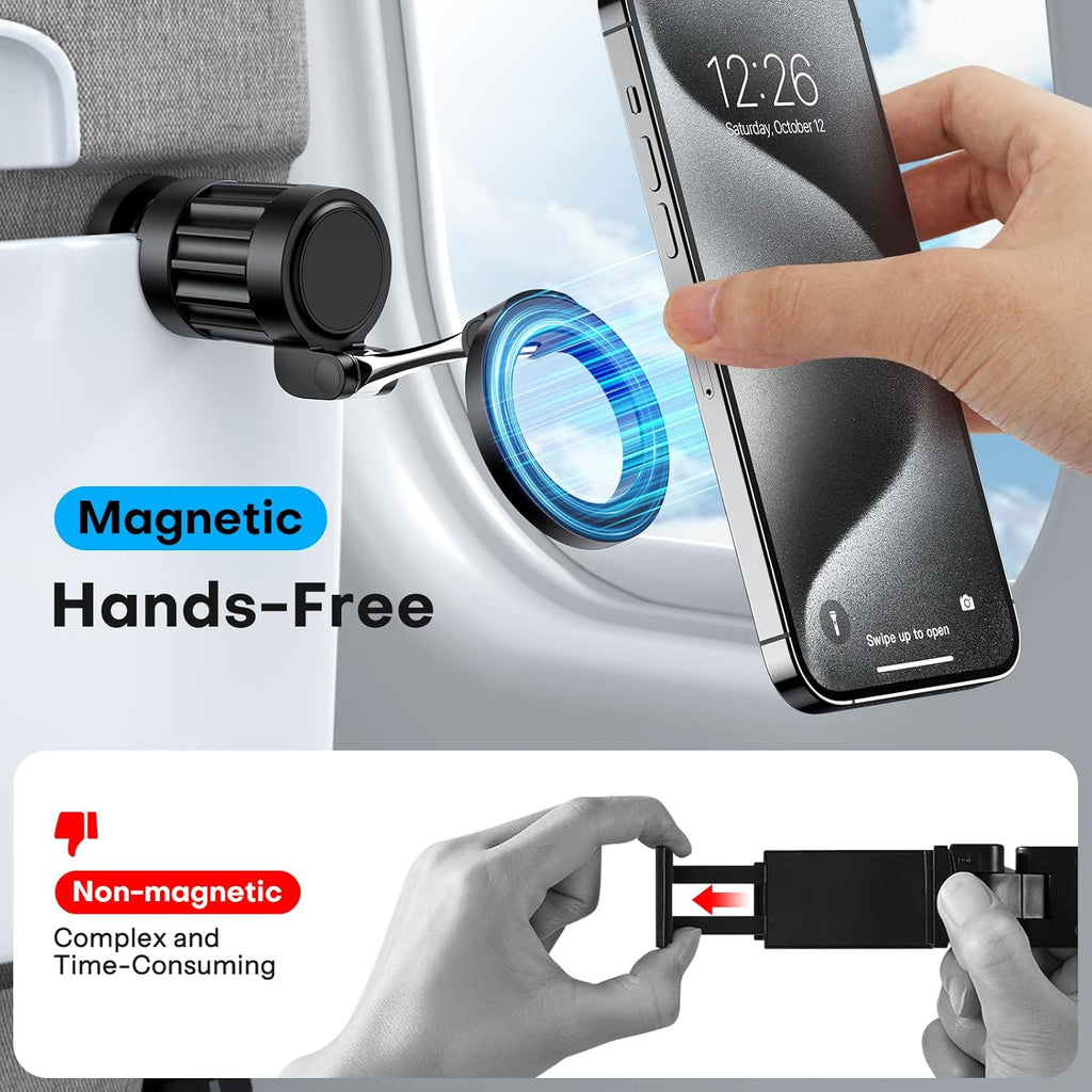 حامل هاتف مغناطيسي دوار 360 درجة من OMOTON، لملحقات السفر الأساسية للطائرات Magsafe، حامل هاتف عالمي قابل للتعديل وقابل للطي بدون استخدام اليدين لهاتف iPhone 16 15 14 Pro Max (عبوة من قطعتين) 