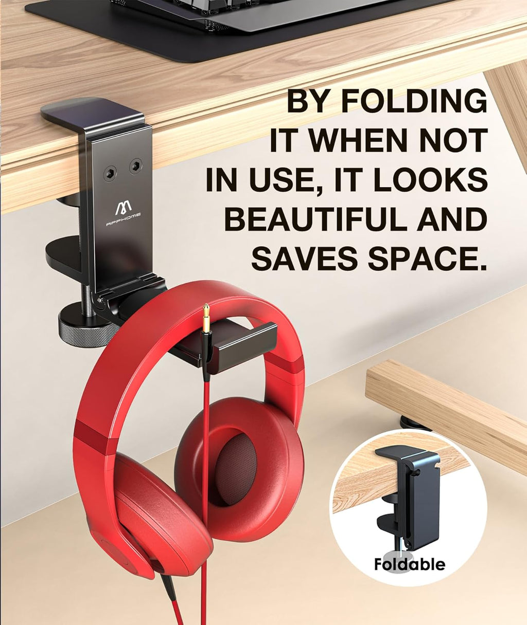 APPHOME Headphone Hook Desk, Headphones Stand Under Table Foldable Headset Holder Clamp Hanger Mount, Built in Cable Clip Organizer for PC Gaming, Office, Backpack Bag Purse Hanging