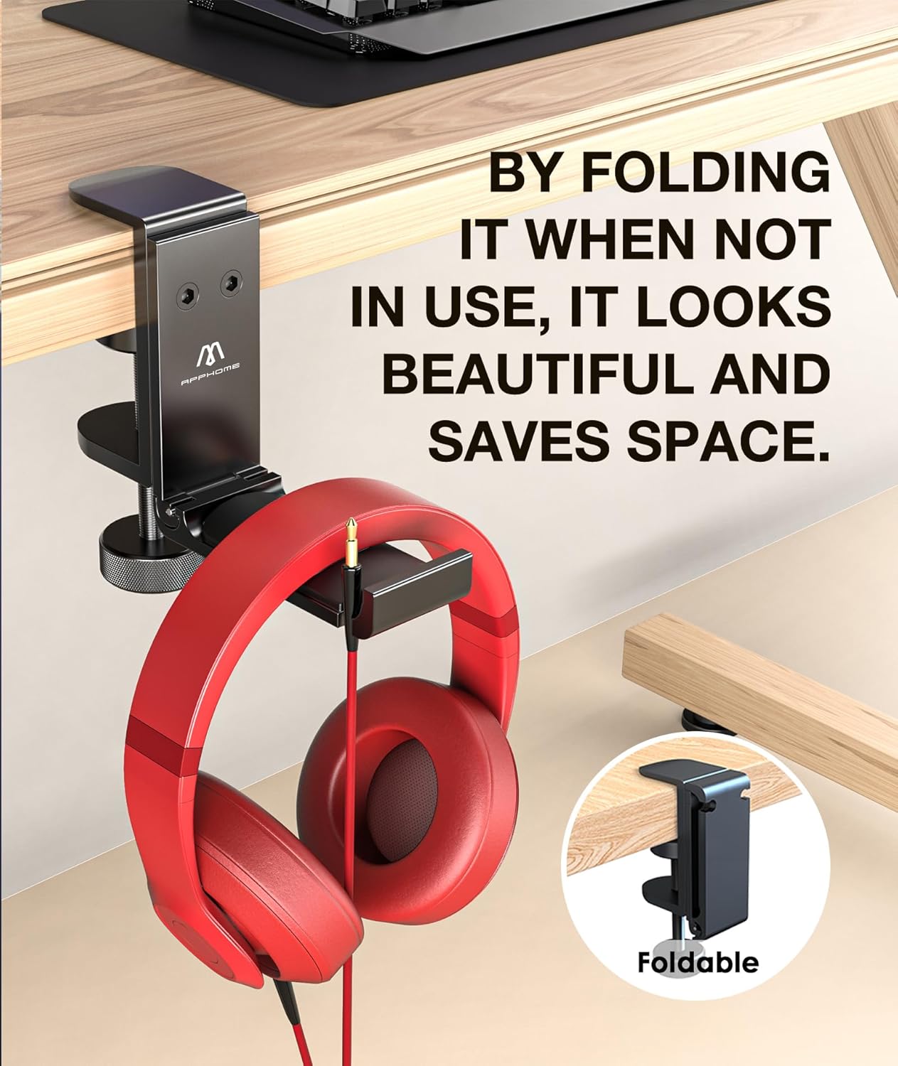 APPHOME Headphone Hook Desk, Headphones Stand Under Table Foldable Headset Holder Clamp Hanger Mount, Built in Cable Clip Organizer for PC Gaming, Office, Backpack Bag Purse Hanging