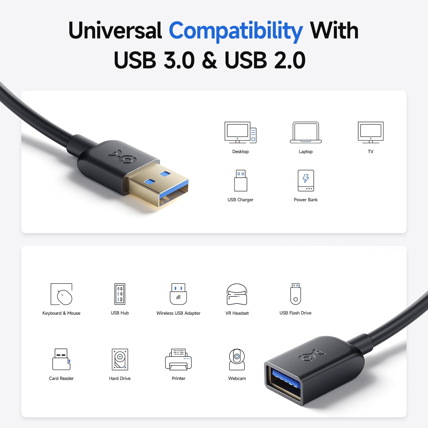كابل تمديد USB بطول 5 جيجابت في الثانية من Cable Matters - 10 أقدام، كابل تمديد USB 3.0، موسع USB 3.0 من ذكر إلى أنثى، متوافق مع كاميرا الويب، سماعة الواقع الافتراضي، الطابعة، القرص الصلب 