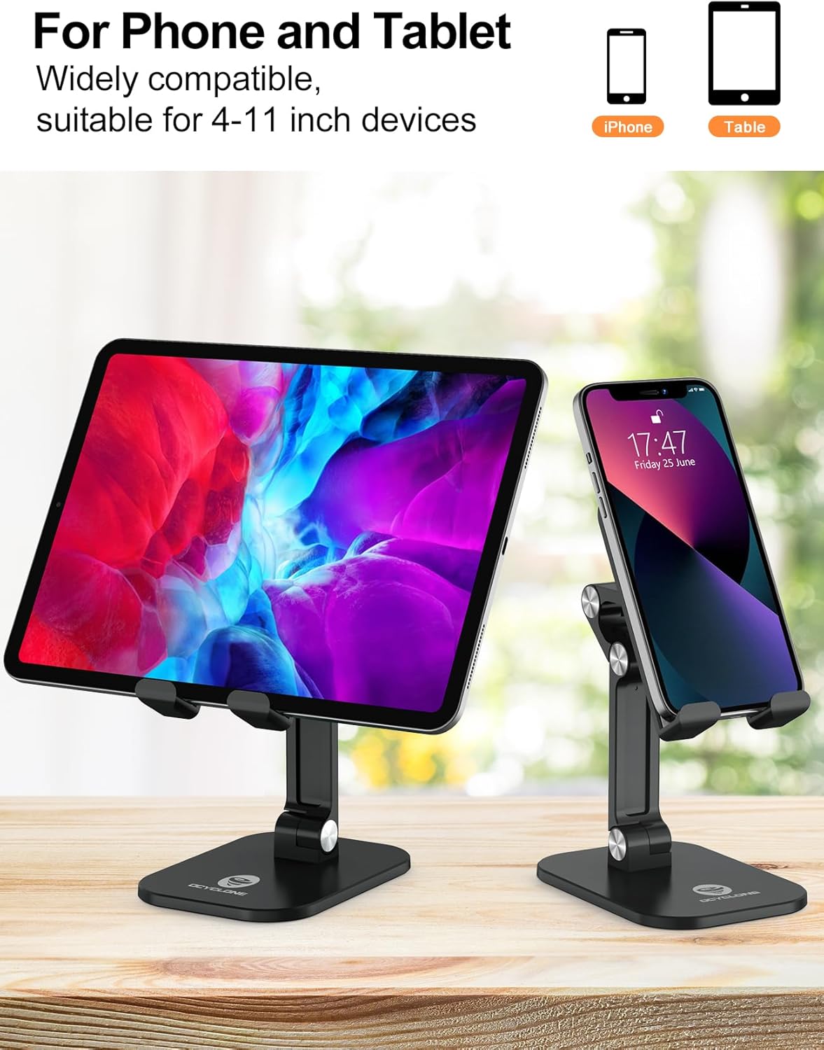 حامل هاتف OCYCLONE، حامل هاتف محمول قابل للطي بارتفاع وزاوية قابلين للتعديل للمكتب، حامل iPhone أطول متوافق مع الهواتف الذكية وأجهزة iPad اللوحية مقاس 4.7 بوصة - 13 بوصة، لون أسود 