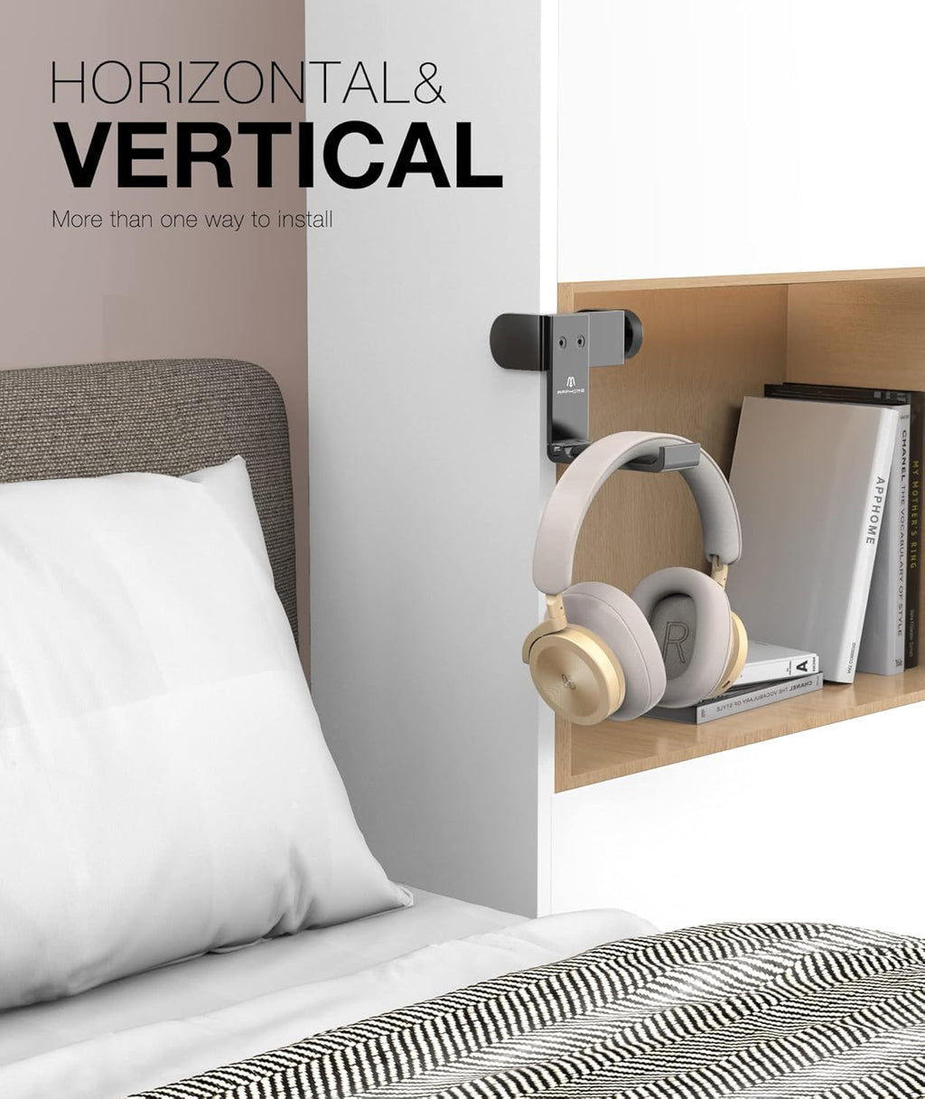 APPHOME Foldable Headphone Stand Hanger Holder, Space-Saving Aluminum Soundbar Stand with Universal Fit for Gaming PC Accessories, Under Desk Clamp Hook Mount (2 Pieces Pack)