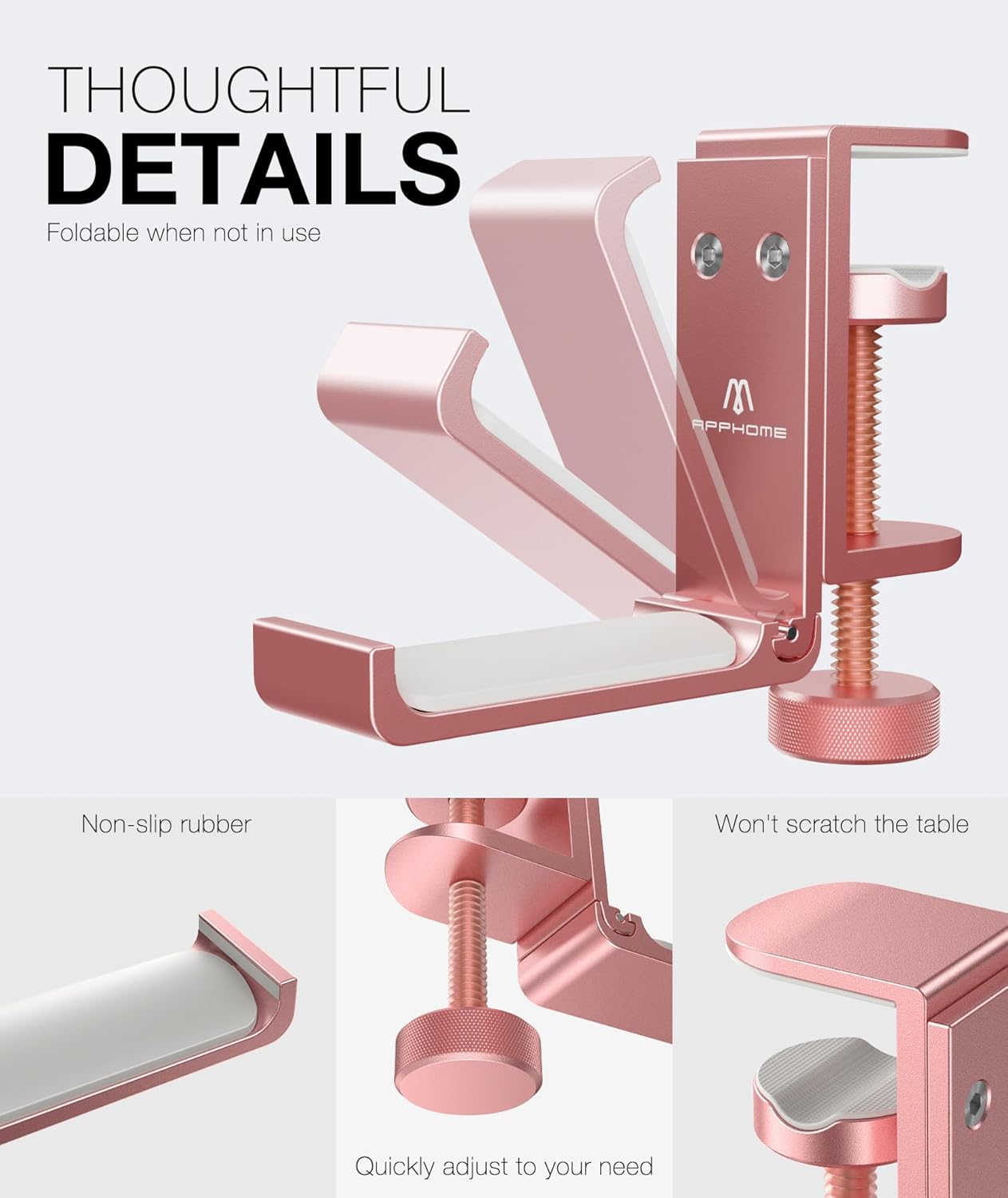 APPHOME Foldable Headphone Stand Hanger Holder, Space-Saving Aluminum Soundbar Stand with Universal Fit for Gaming PC Accessories, Under Desk Clamp Hook Mount (1 Piece)